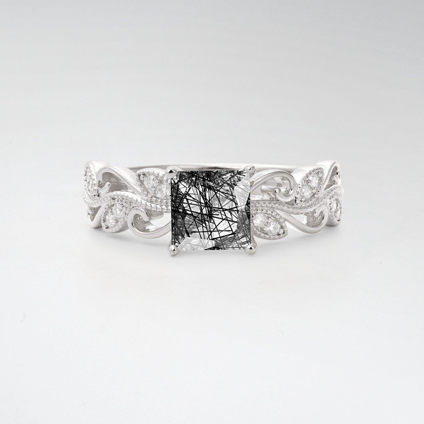 1CT Vintage Princess Cut Black Rutilated Quartz Milgrain Filigree Vine Scroll Engagement Ring - Additional view