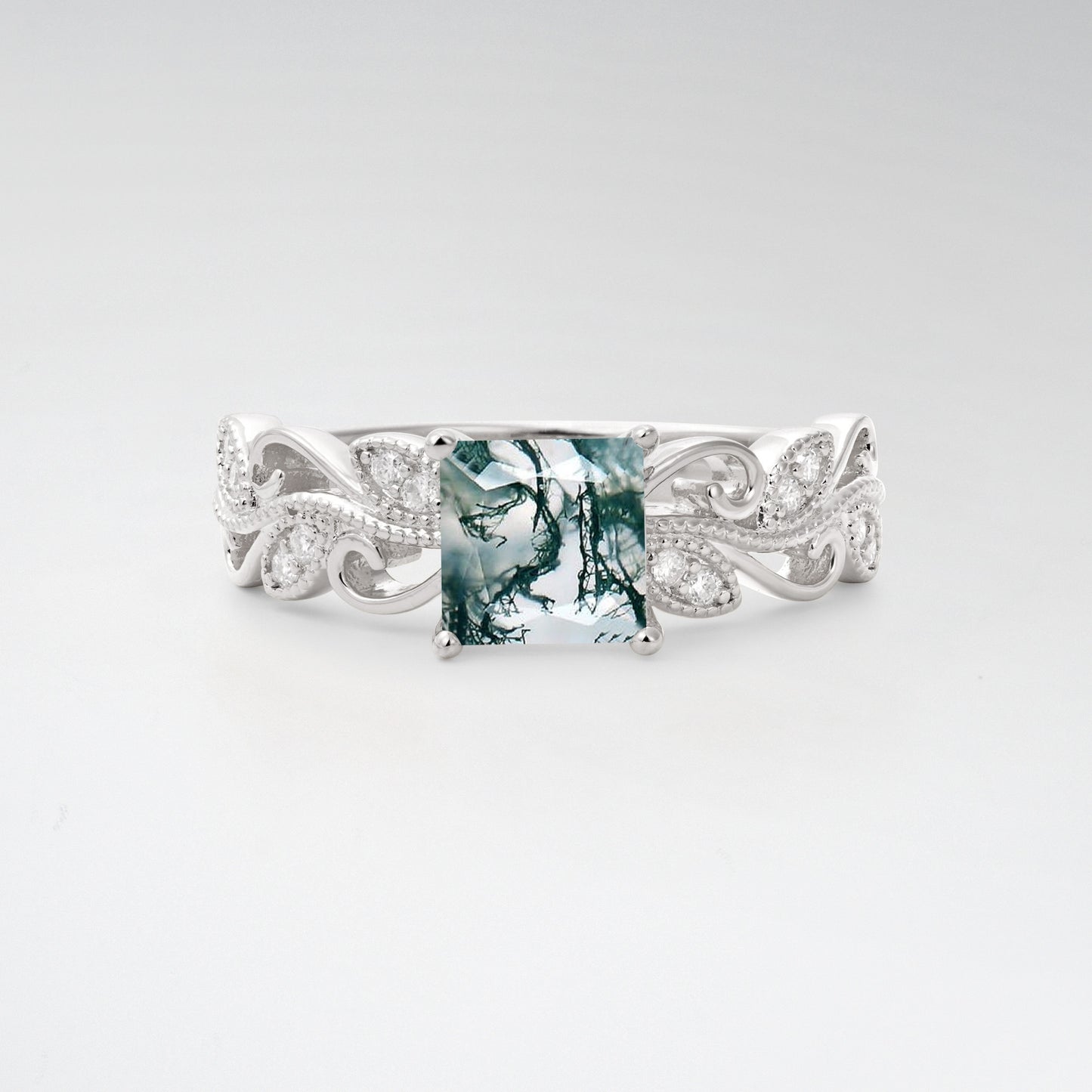 1CT Vintage Princess Cut Moss Agate Milgrain Filigree Vine Scroll Engagement Ring - Additional view