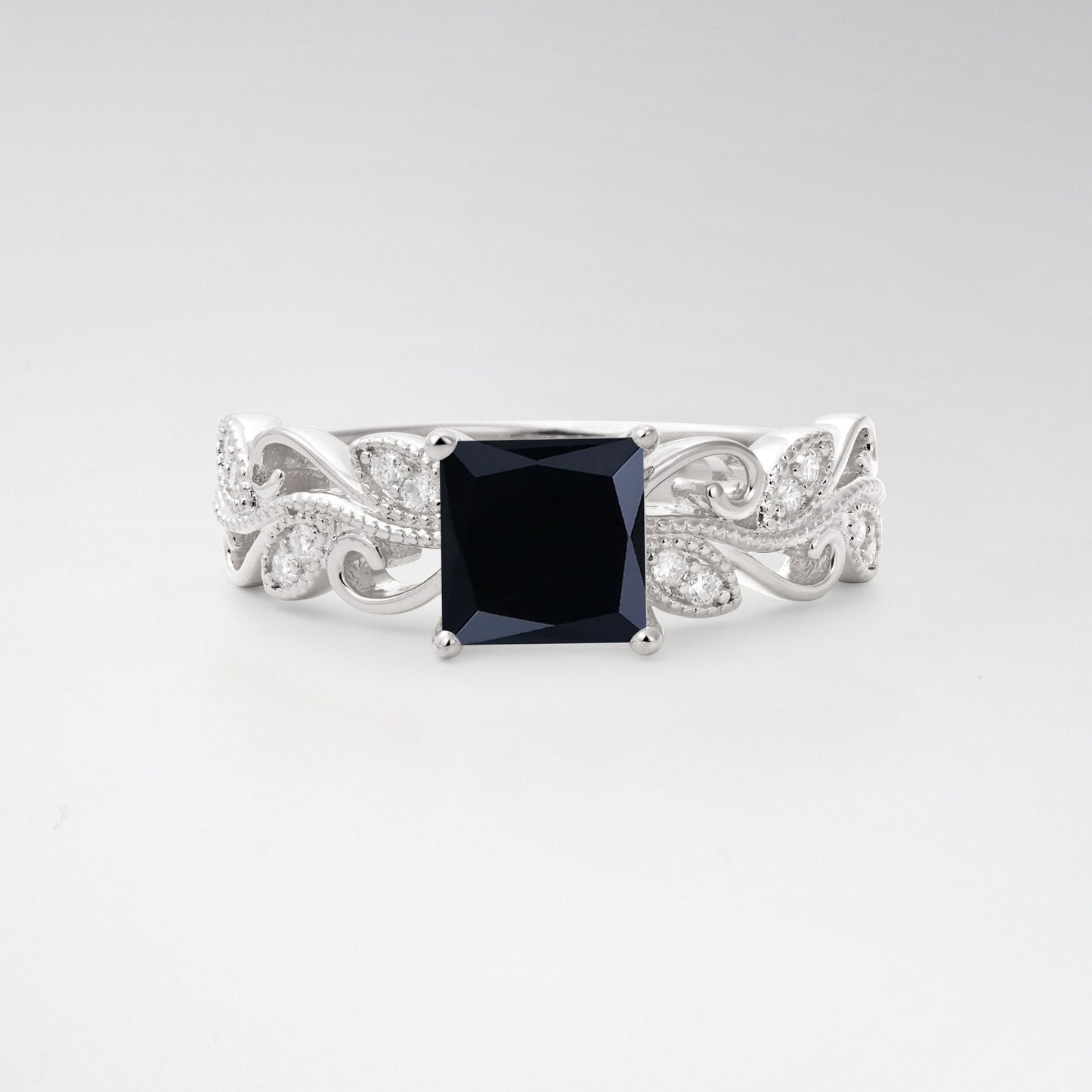 1CT Vintage Princess Cut Black Onyx Milgrain Filigree Vine Scroll Engagement Ring - Additional view