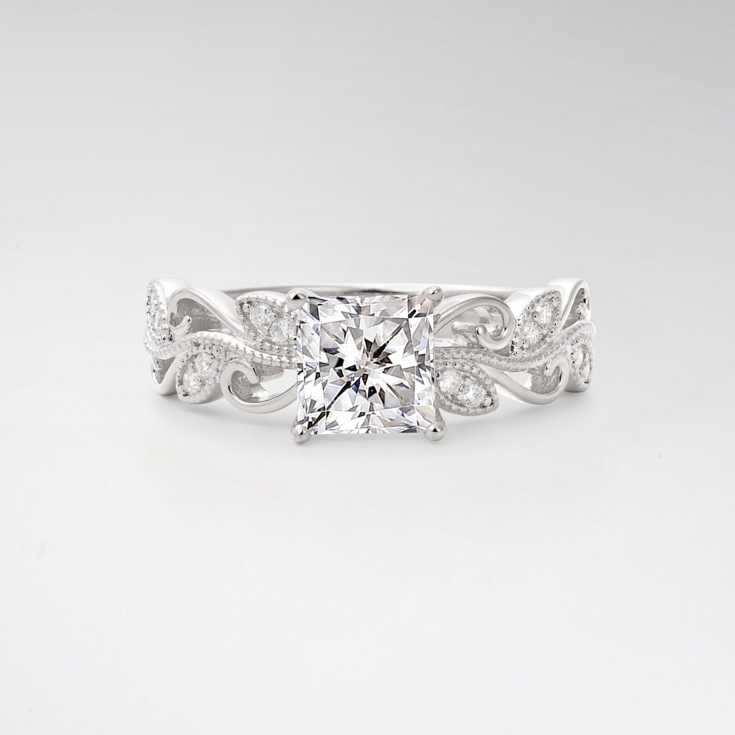 1CT Vintage Princess Cut Lab Diamond Milgrain Filigree Vine Scroll Engagement Ring - Additional view