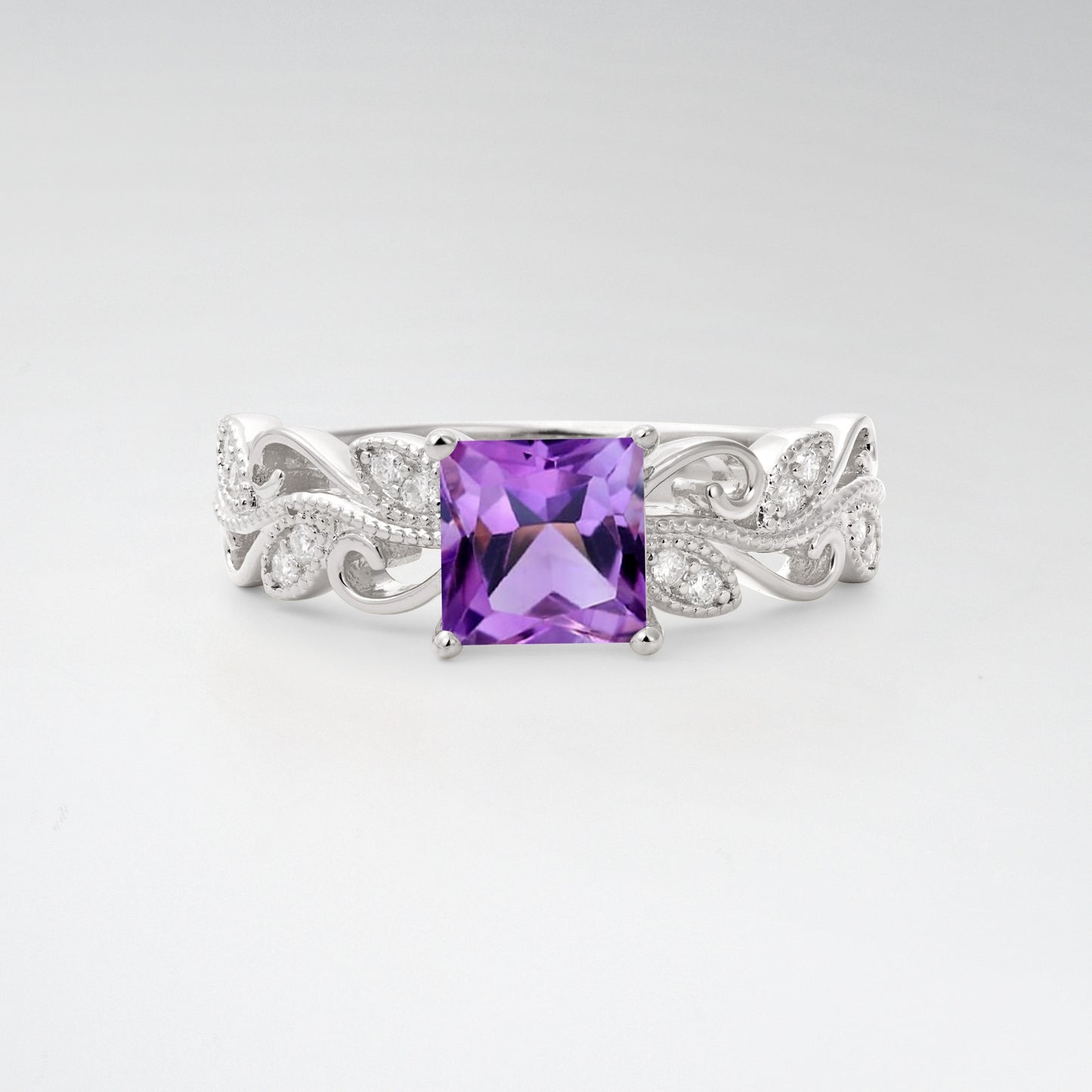 1CT Vintage Princess Cut Amethyst Milgrain Filigree Vine Scroll Engagement Ring - Additional view