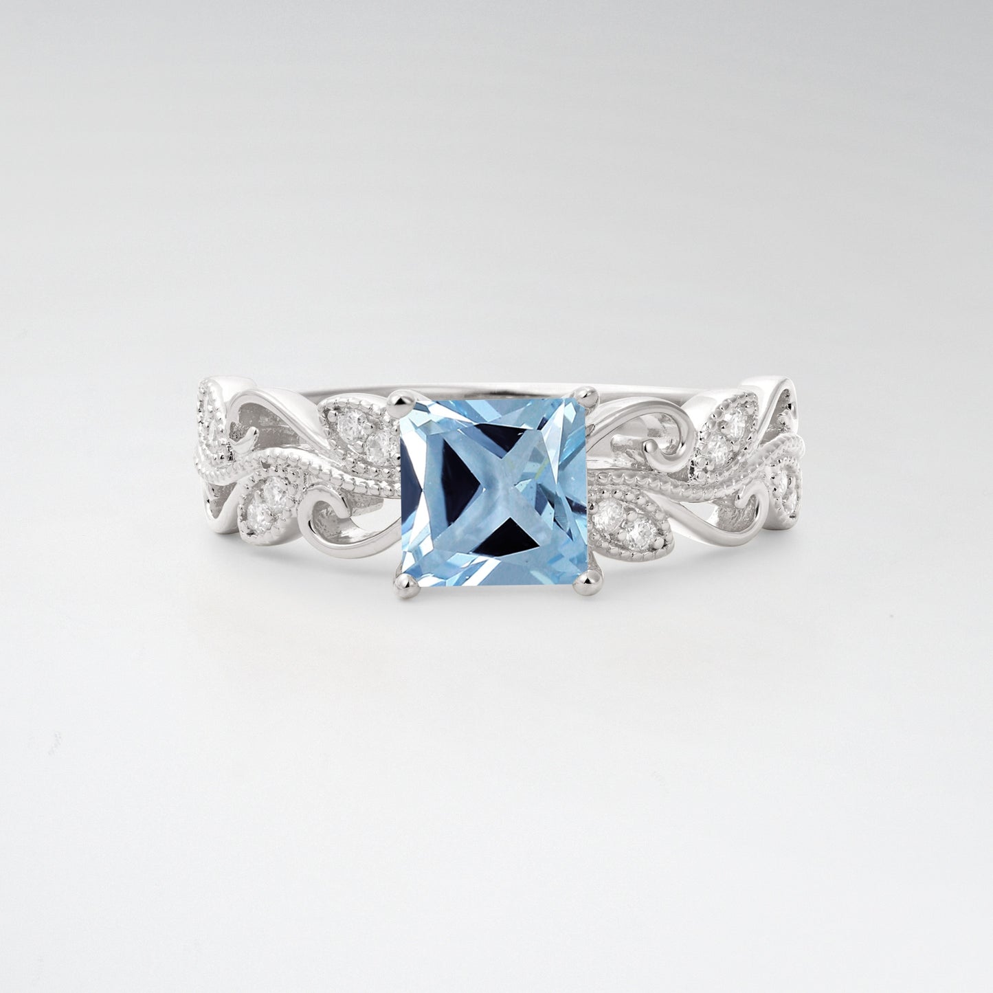 1CT Vintage Princess Cut Aquamarine Milgrain Filigree Vine Scroll Engagement Ring - Additional view