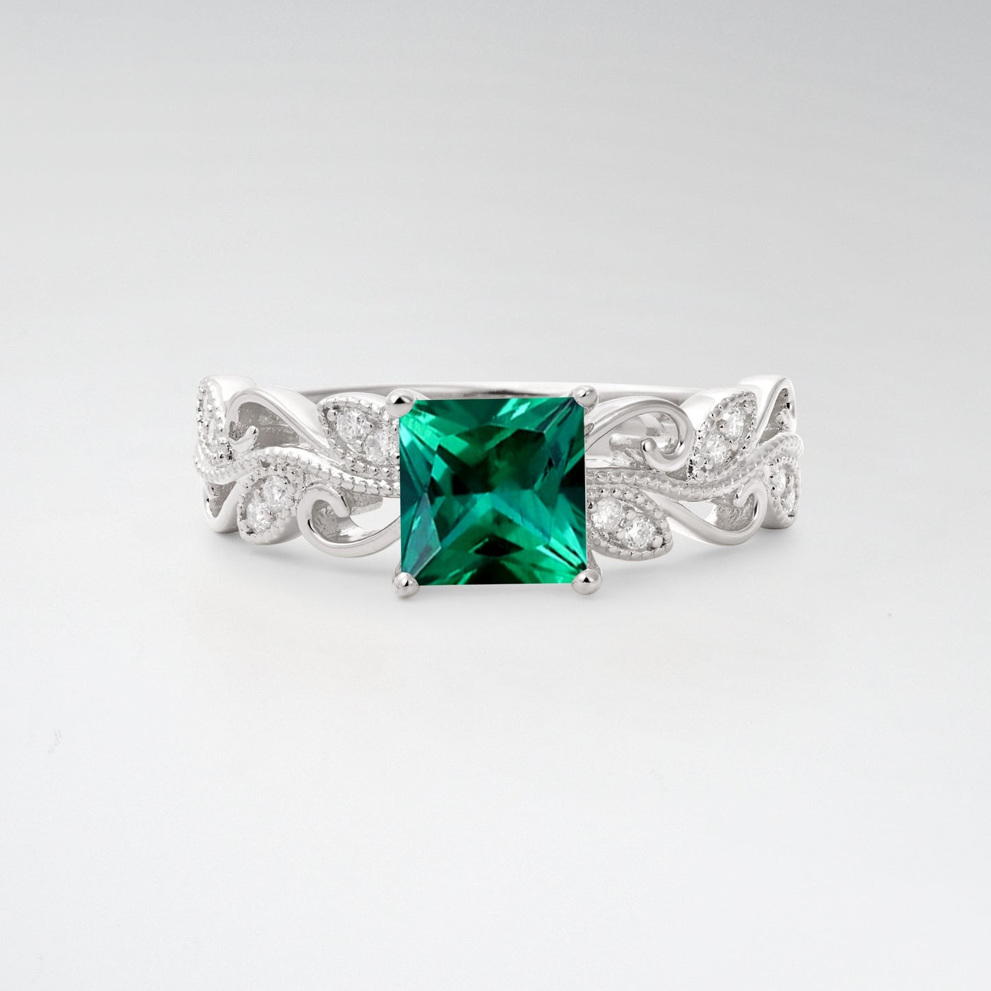 1CT Vintage Princess Cut Emerald Milgrain Filigree Vine Scroll Engagement Ring - Additional view