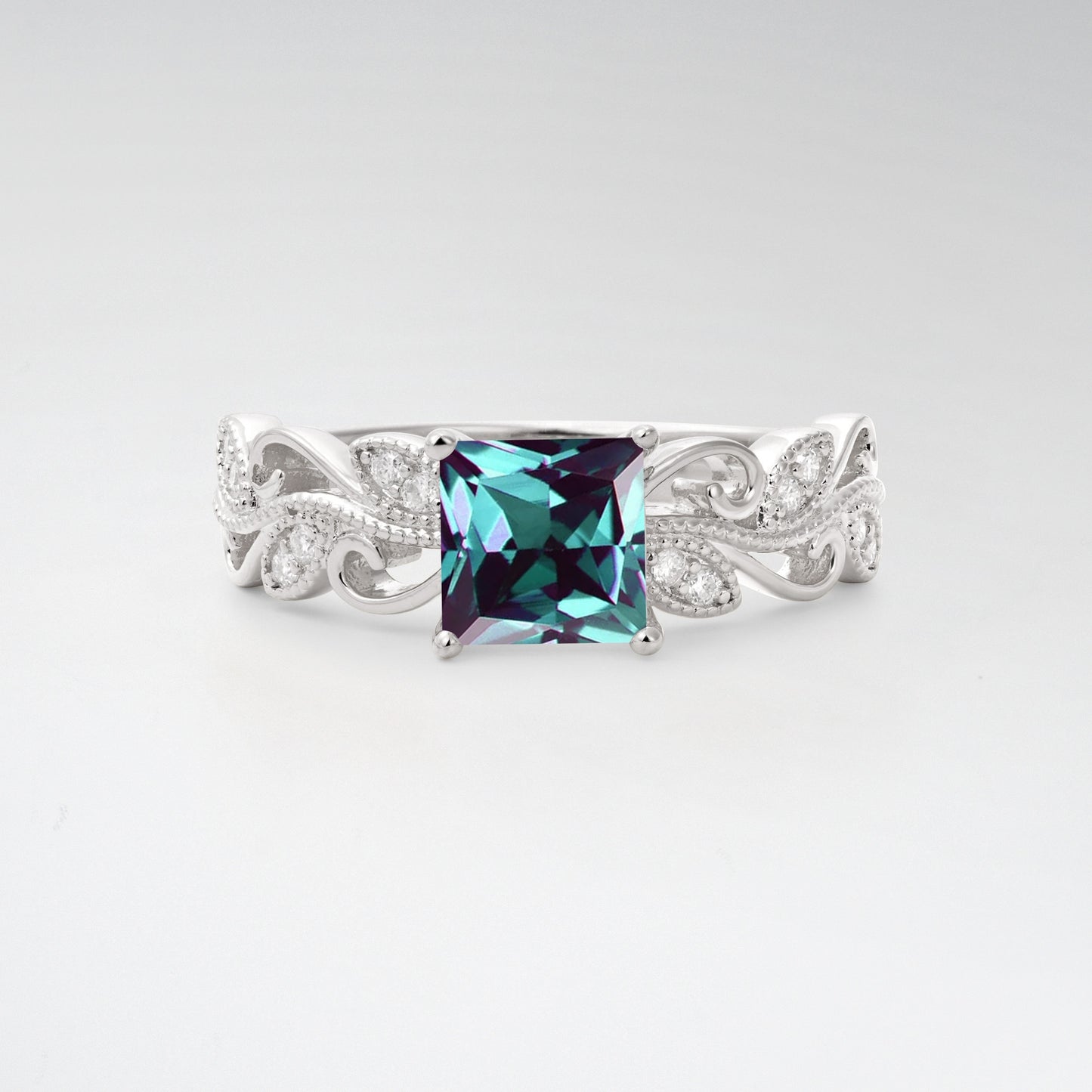 1CT Vintage Princess Cut Alexandrite Milgrain Filigree Vine Scroll Engagement Ring - Additional view