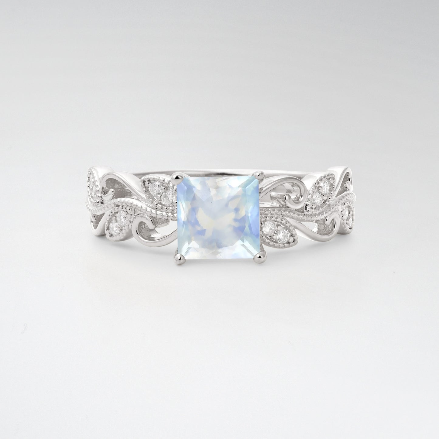 1CT Vintage Princess Cut Moonstone Milgrain Filigree Vine Scroll Engagement Ring - Additional view