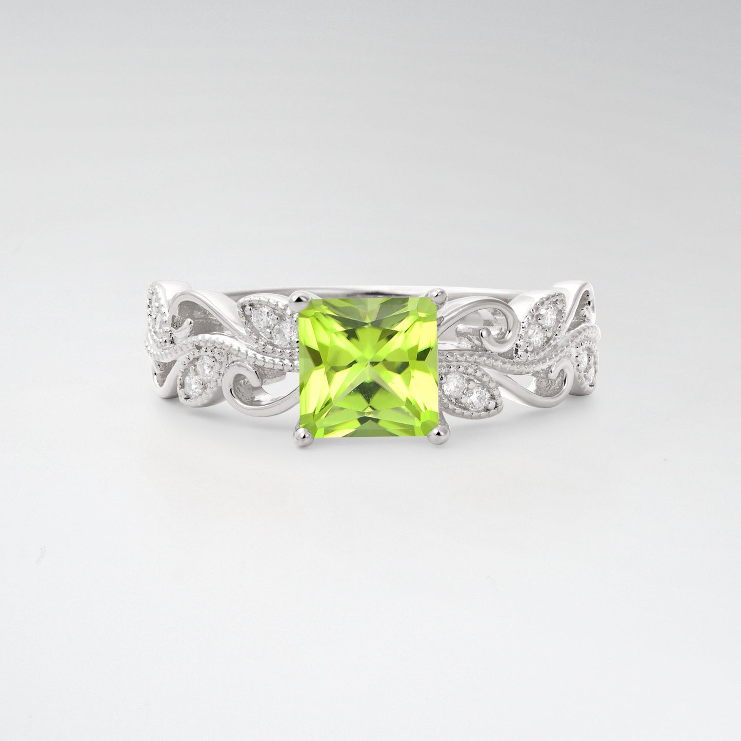 1CT Vintage Princess Cut Peridot Milgrain Filigree Vine Scroll Engagement Ring - Additional view