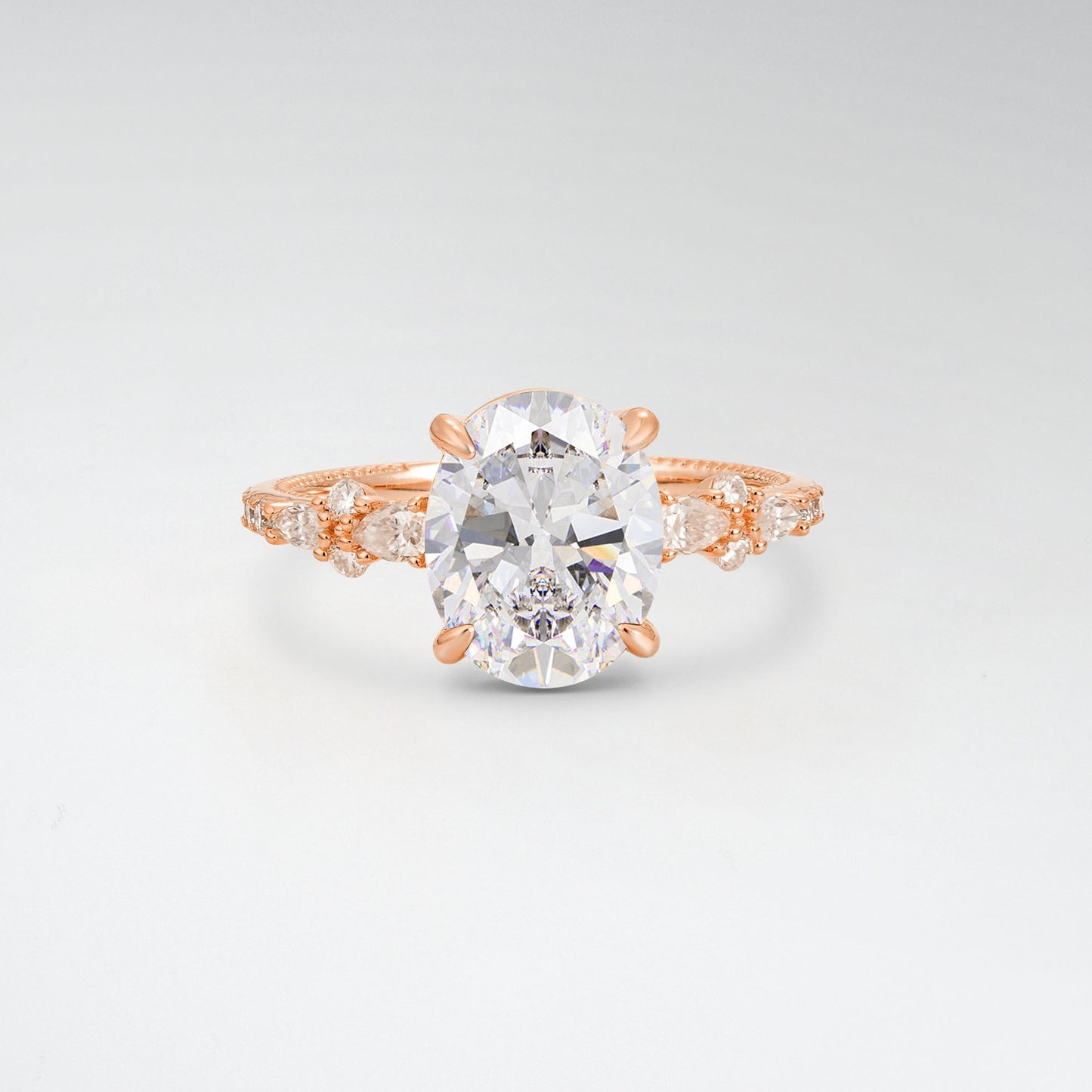 Elegant Oval Cut Moissanite 3CT Floral Cluster Milgrain Engagement Ring - Additional view