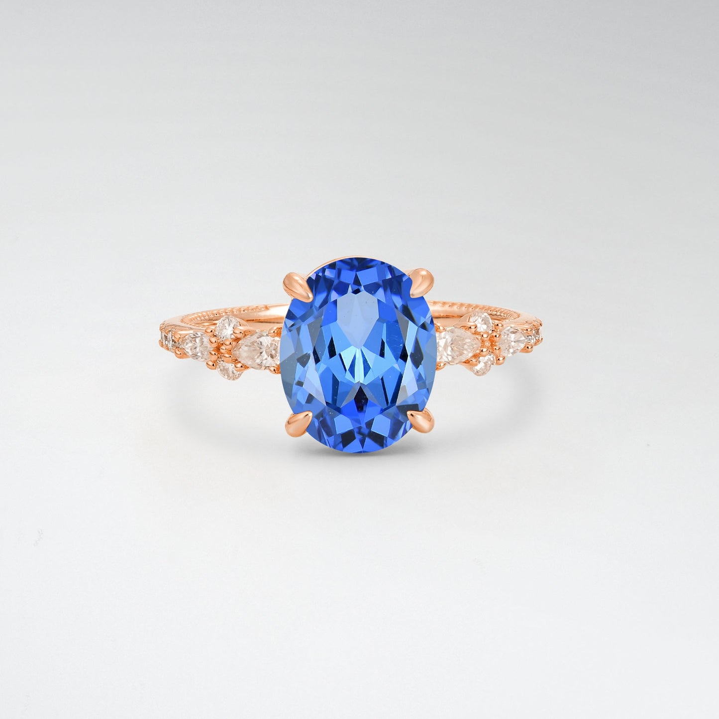 Elegant Oval Cut Sapphire 3CT Floral Cluster Milgrain Engagement Ring - Additional view