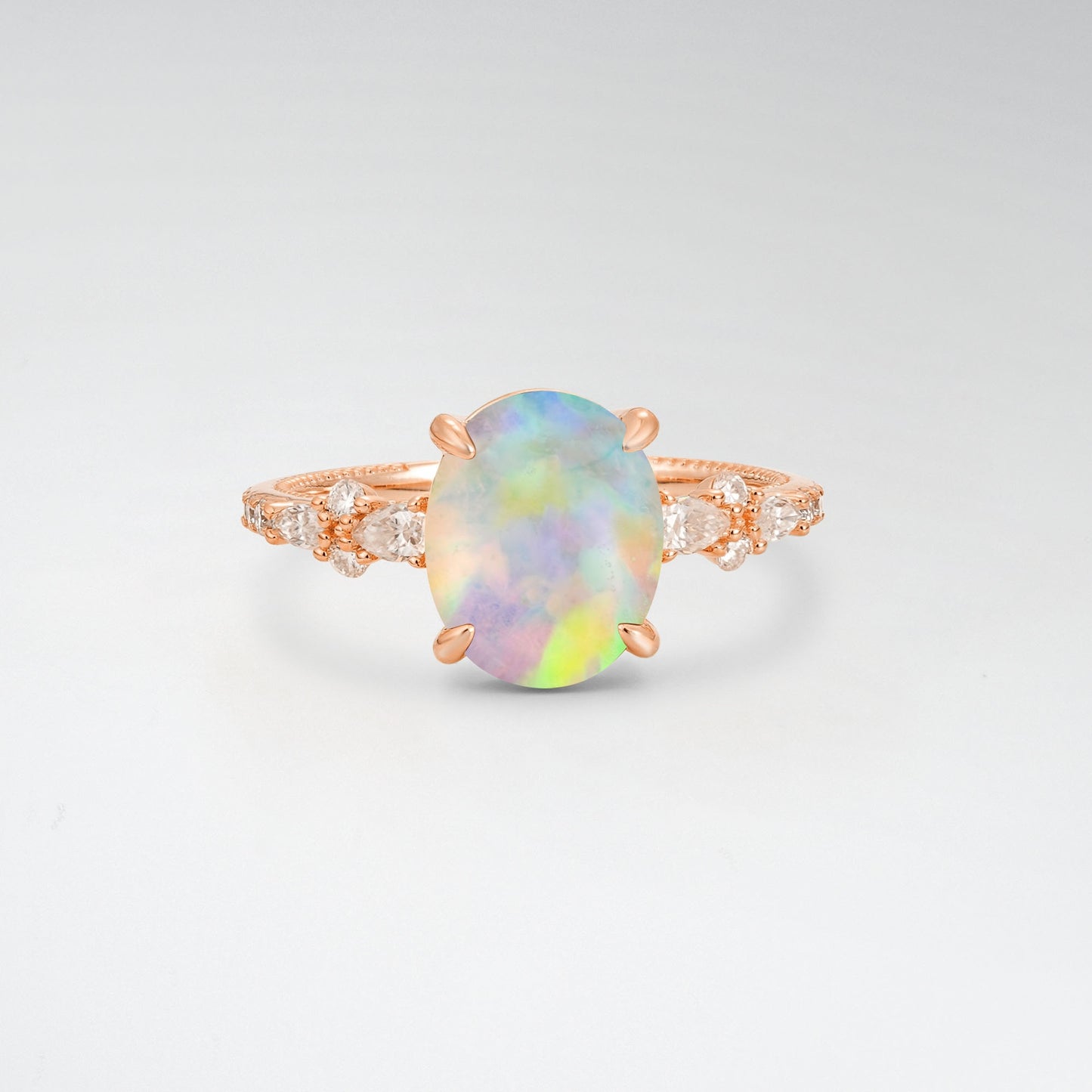 Elegant Oval Cut Opal 3CT Floral Cluster Milgrain Engagement Ring - Additional view