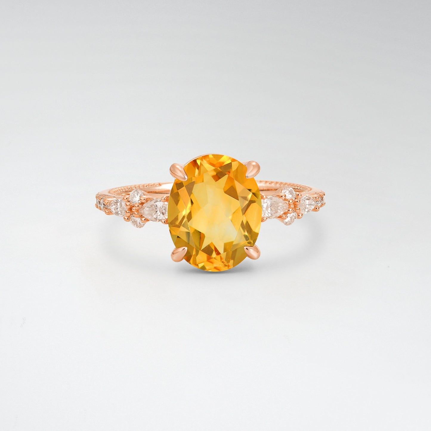 Elegant Oval Cut Citrine 3CT Floral Cluster Milgrain Engagement Ring - Additional view
