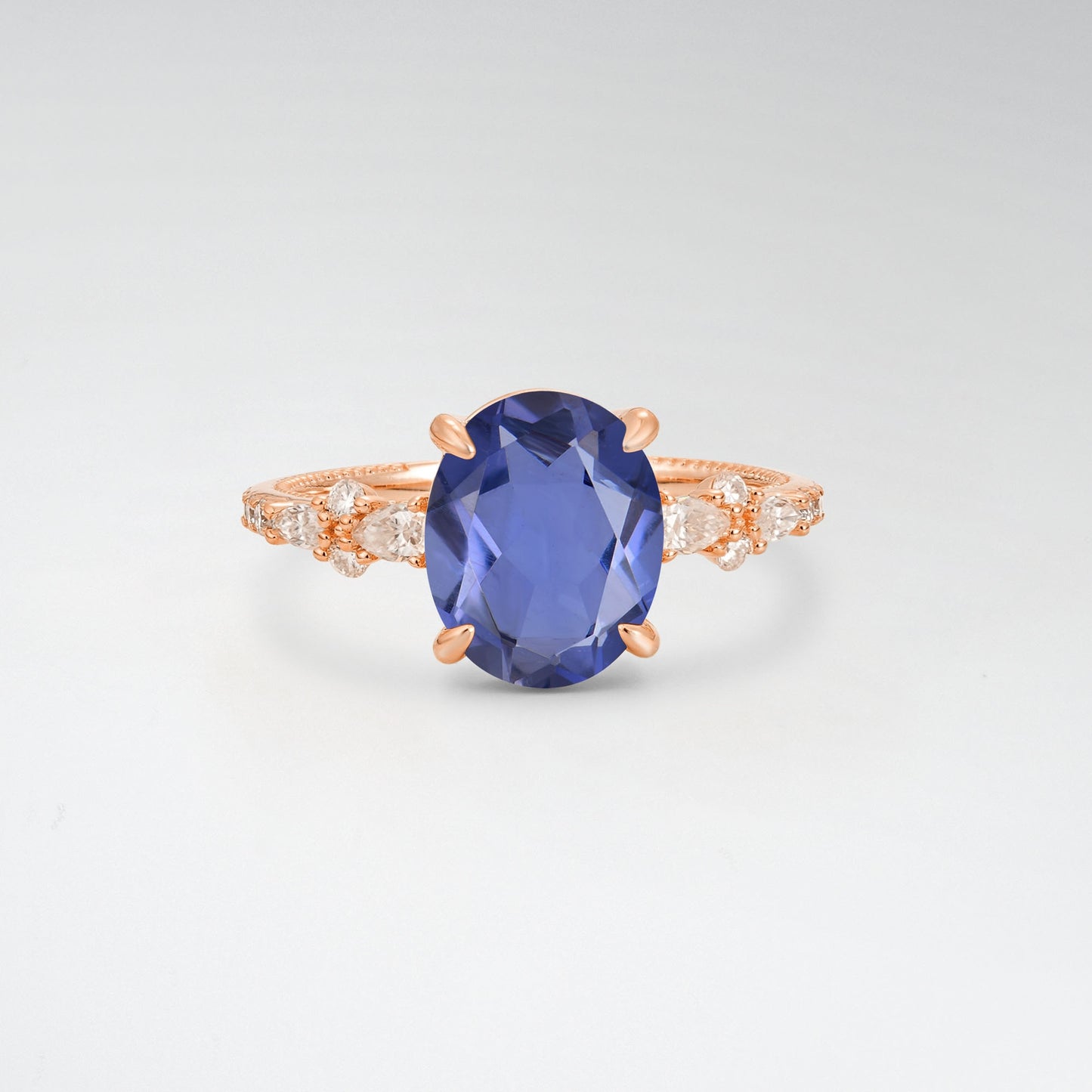 Elegant Oval Cut Tanzanite 3CT Floral Cluster Milgrain Engagement Ring - Additional view