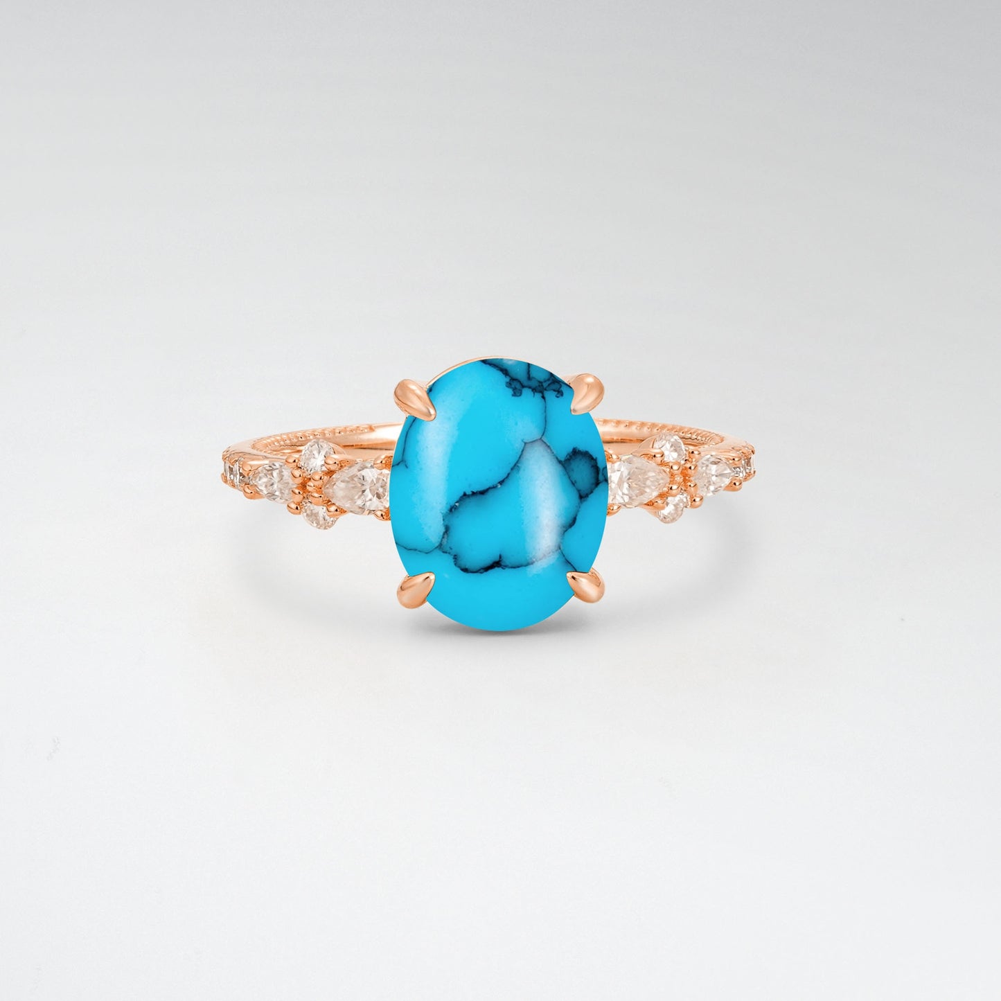 Elegant Oval Cut Turquoise 3CT Floral Cluster Milgrain Engagement Ring - Additional view