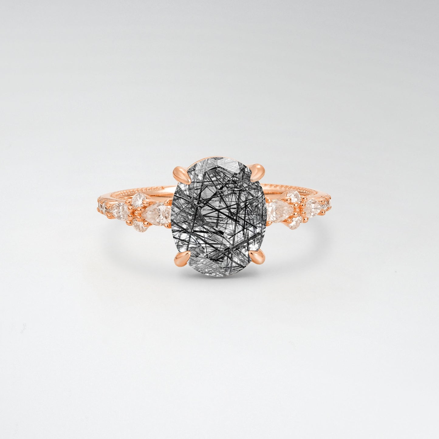 Elegant Oval Cut Black Rutilated Quartz 3CT Floral Cluster Milgrain Engagement Ring - Additional view