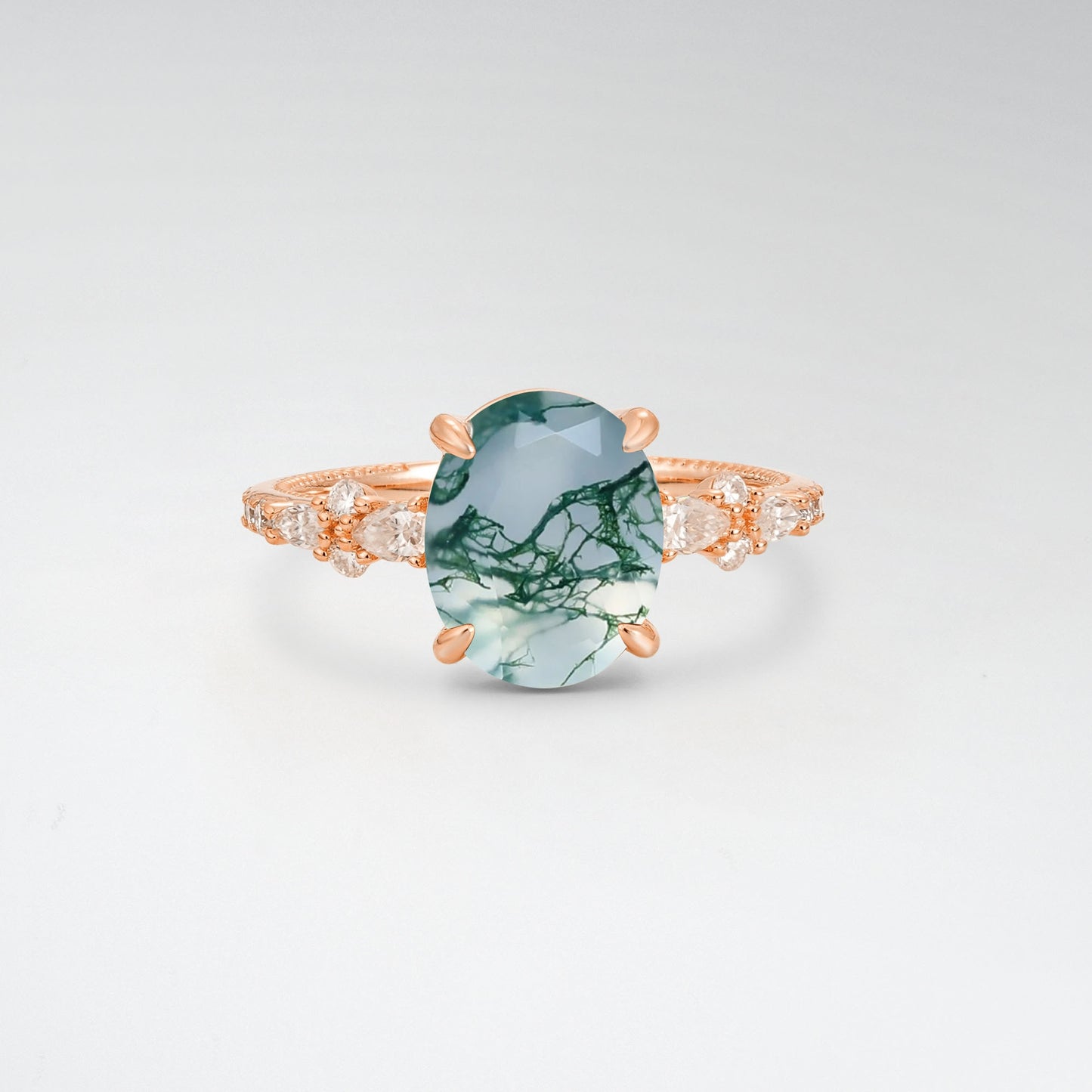 Elegant Oval Cut Moss Agate 3CT Floral Cluster Milgrain Engagement Ring - Additional view
