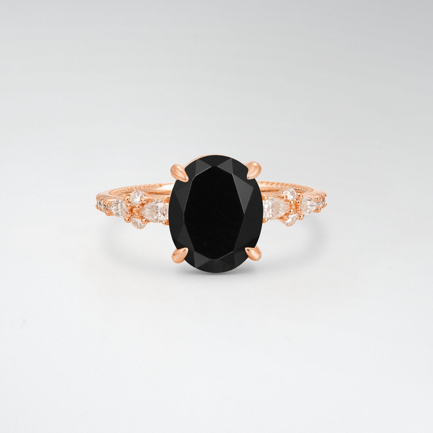 Elegant Oval Cut Black Onyx 3CT Floral Cluster Milgrain Engagement Ring - Additional view