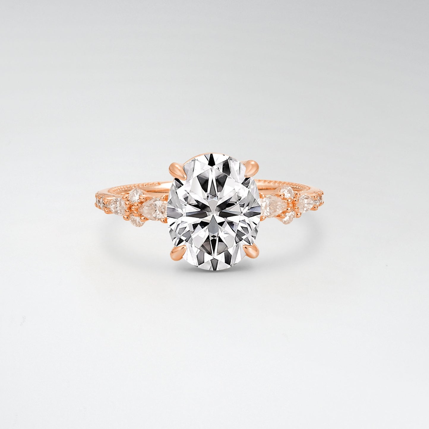 Elegant Oval Cut Lab Diamond 3CT Floral Cluster Milgrain Engagement Ring - Additional view