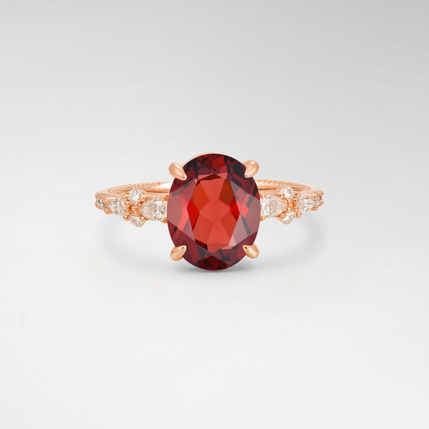 Elegant Oval Cut Garnet 3CT Floral Cluster Milgrain Engagement Ring - Additional view
