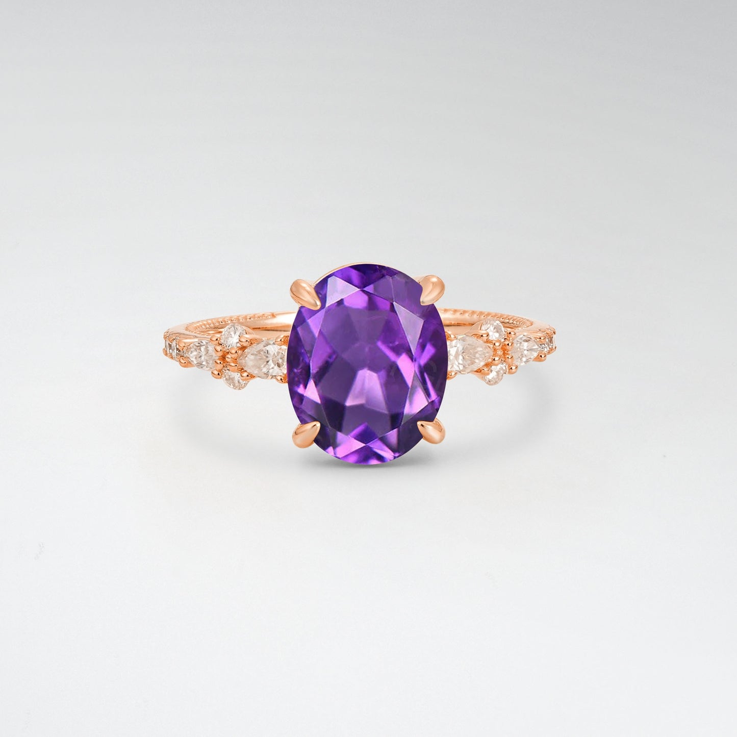 Elegant Oval Cut Amethyst 3CT Floral Cluster Milgrain Engagement Ring - Additional view