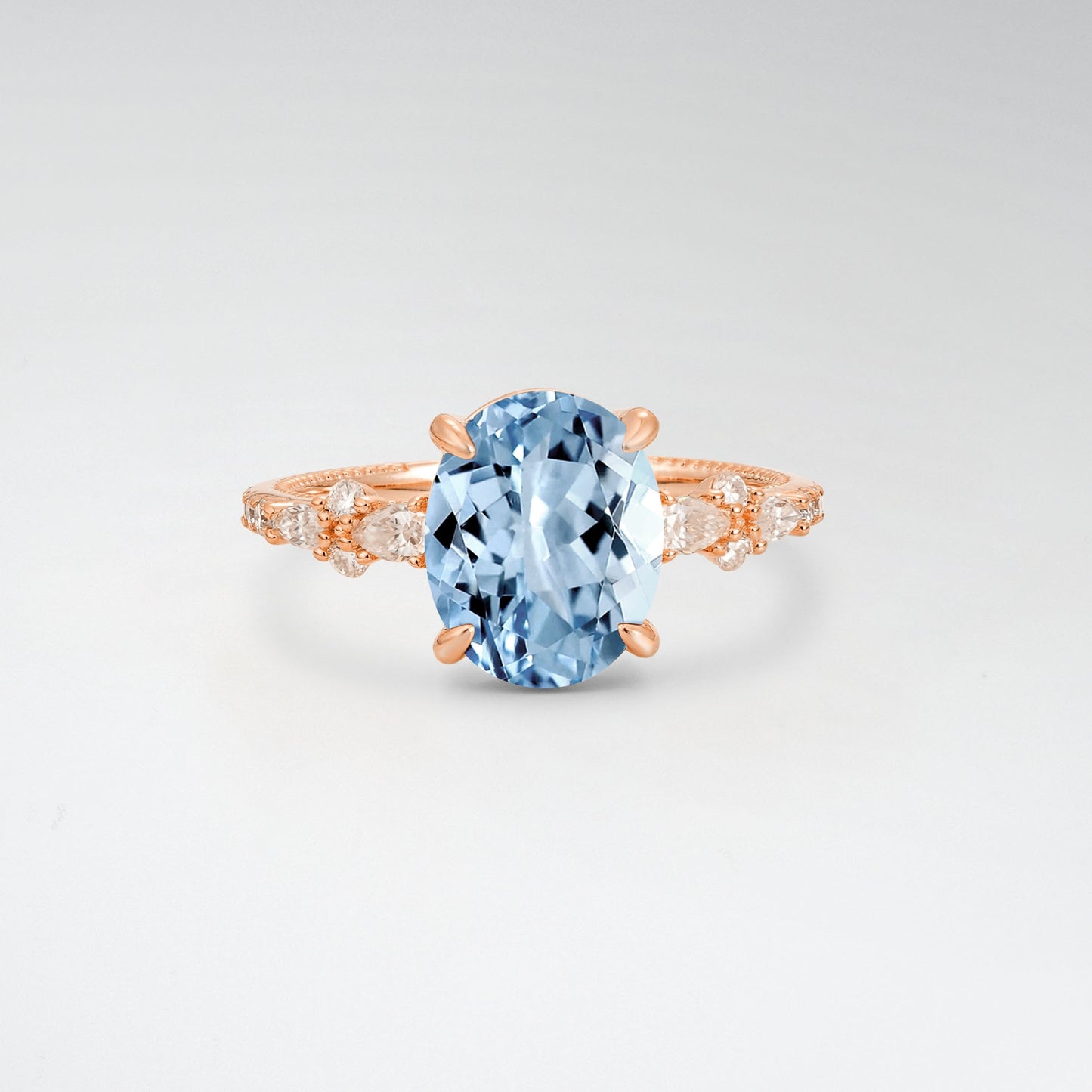 Elegant Oval Cut Aquamarine 3CT Floral Cluster Milgrain Engagement Ring - Additional view