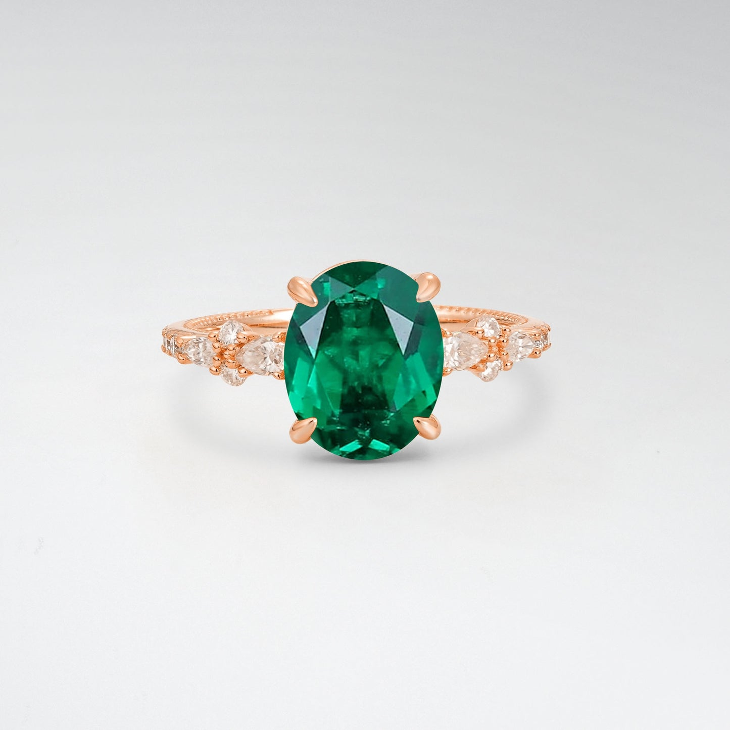 Elegant Oval Cut Emerald 3CT Floral Cluster Milgrain Engagement Ring - Additional view