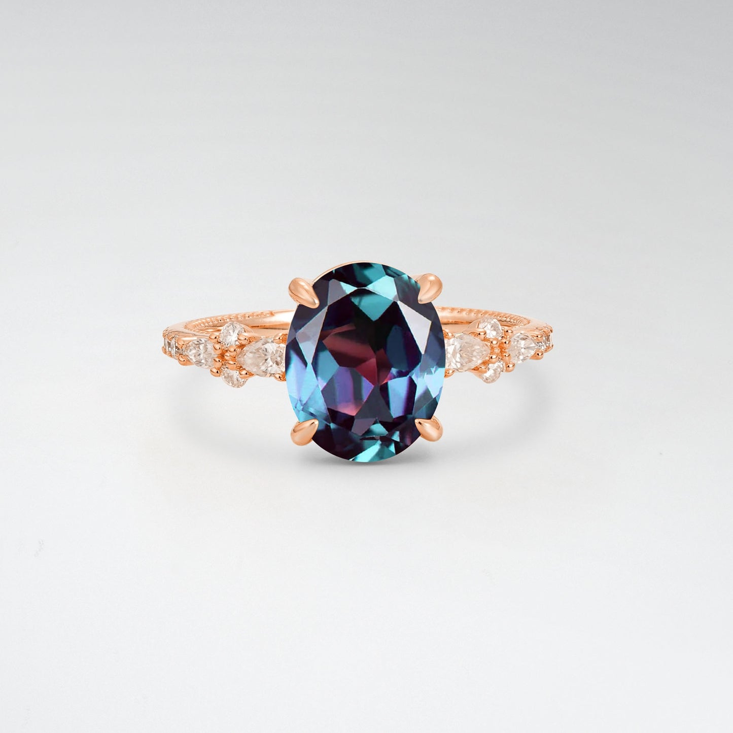 Elegant Oval Cut Alexandrite 3CT Floral Cluster Milgrain Engagement Ring - Additional view