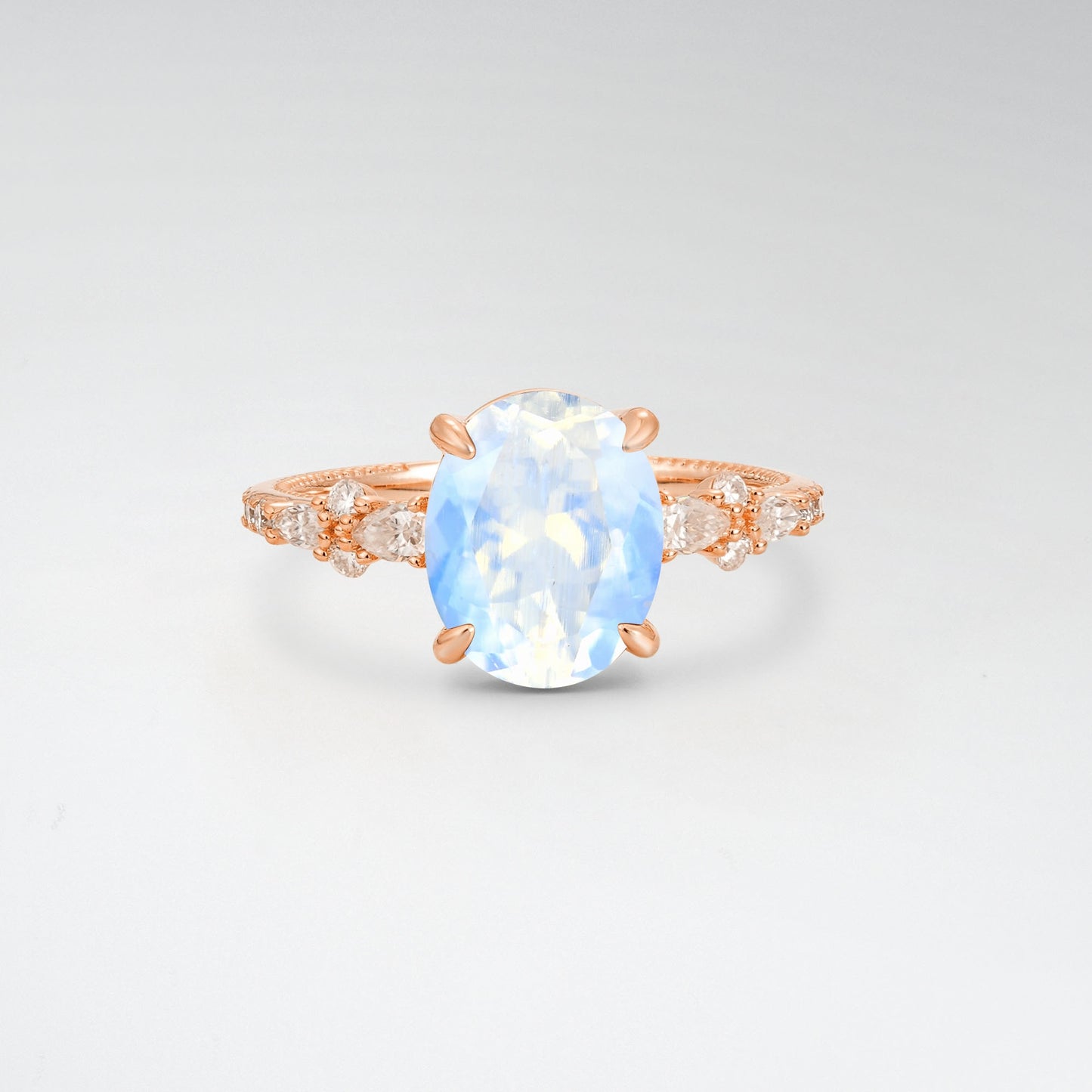 Elegant Oval Cut Moonstone 3CT Floral Cluster Milgrain Engagement Ring - Additional view