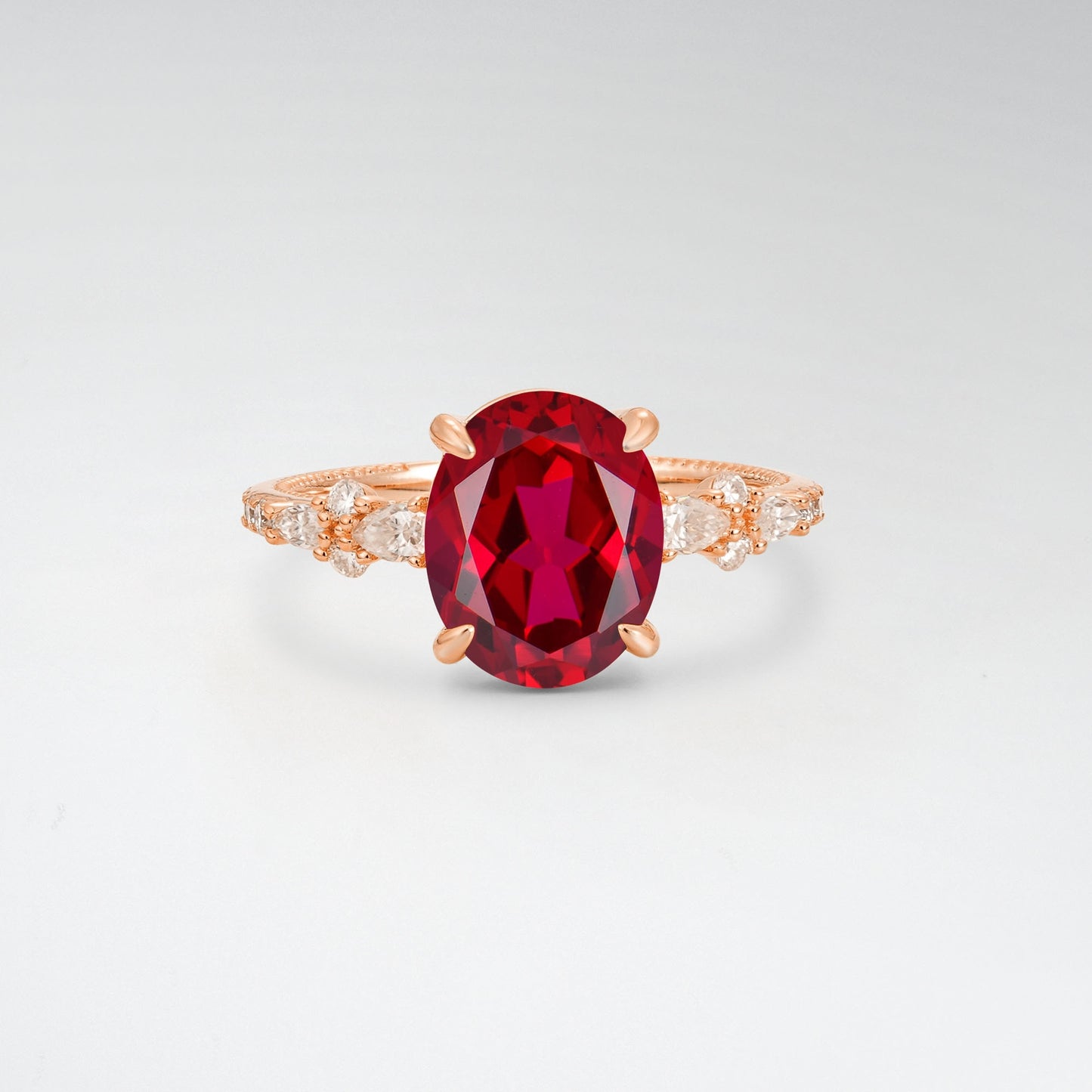 Elegant Oval Cut Ruby 3CT Floral Cluster Milgrain Engagement Ring - Additional view