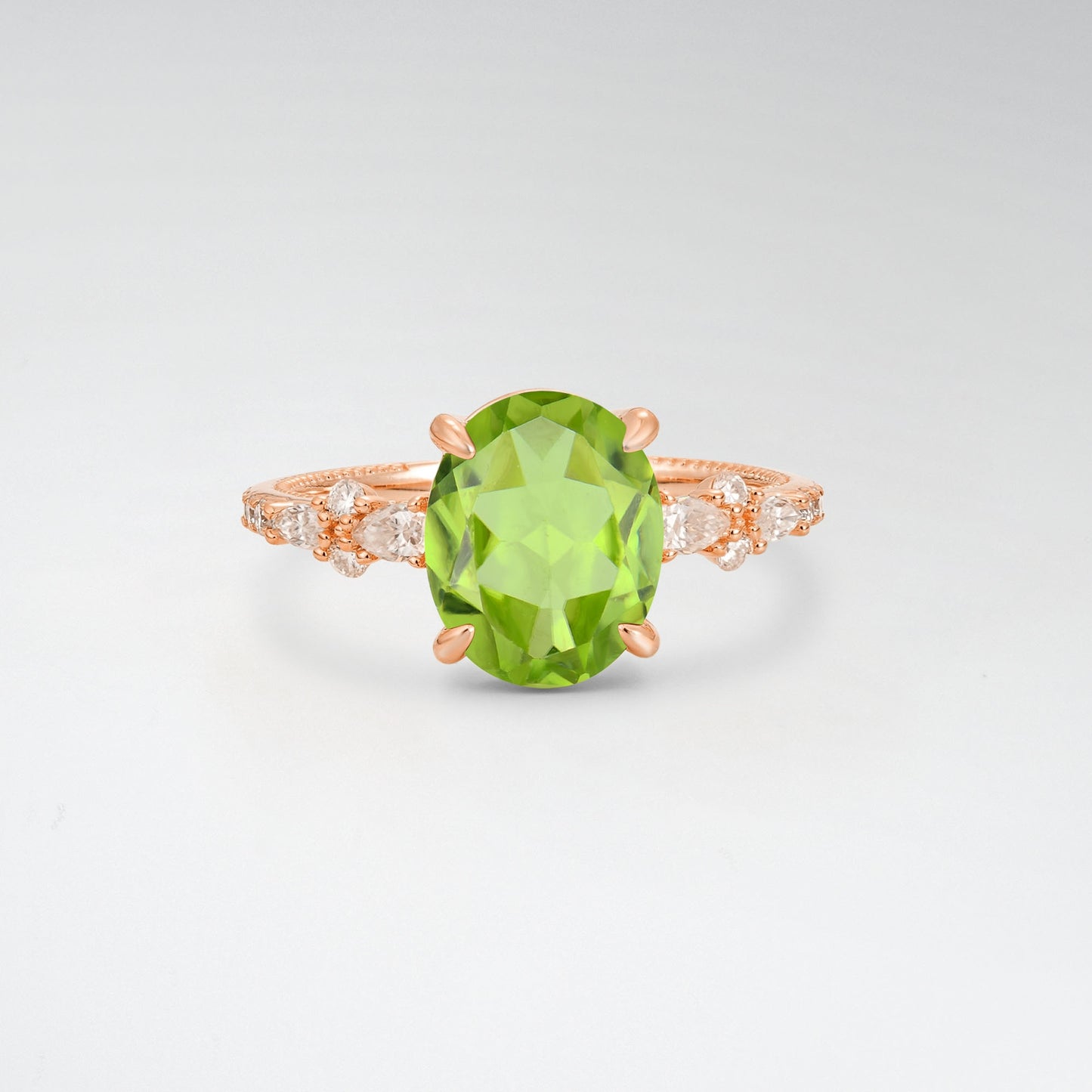 Elegant Oval Cut Peridot 3CT Floral Cluster Milgrain Engagement Ring - Additional view