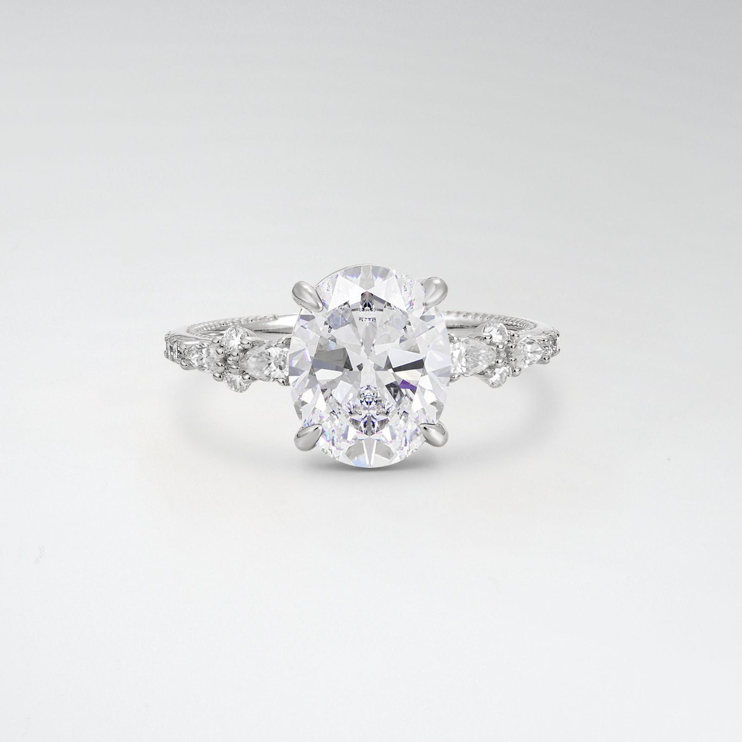 Elegant Oval Cut Moissanite 3CT Floral Cluster Milgrain Engagement Ring - Additional view