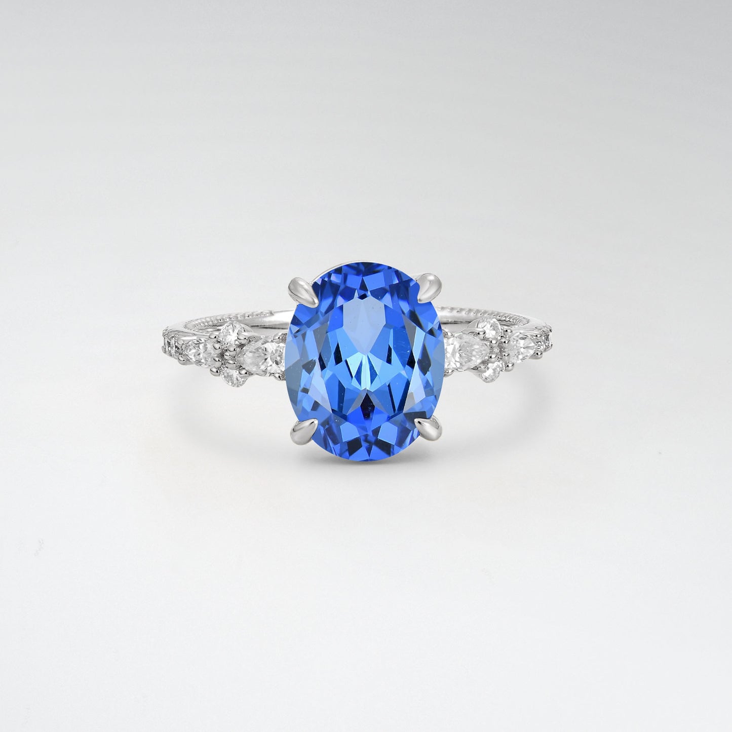 Elegant Oval Cut Sapphire 3CT Floral Cluster Milgrain Engagement Ring - Additional view