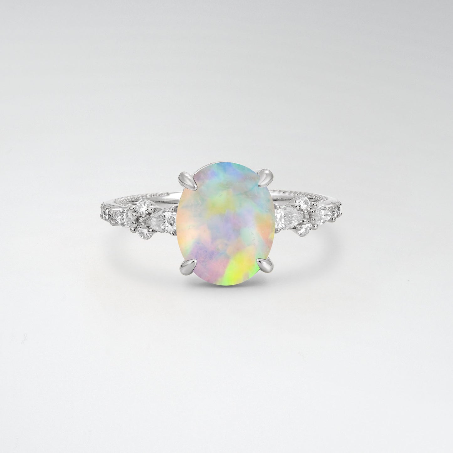 Elegant Oval Cut Opal 3CT Floral Cluster Milgrain Engagement Ring - Additional view