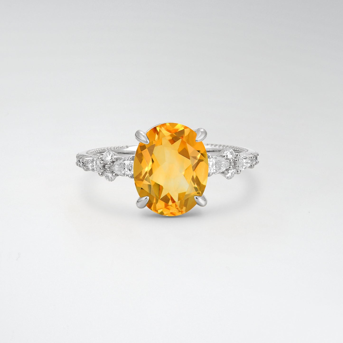 Elegant Oval Cut Citrine 3CT Floral Cluster Milgrain Engagement Ring - Additional view