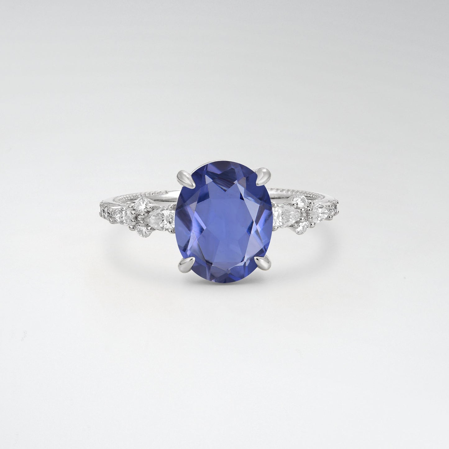 Elegant Oval Cut Tanzanite 3CT Floral Cluster Milgrain Engagement Ring - Additional view