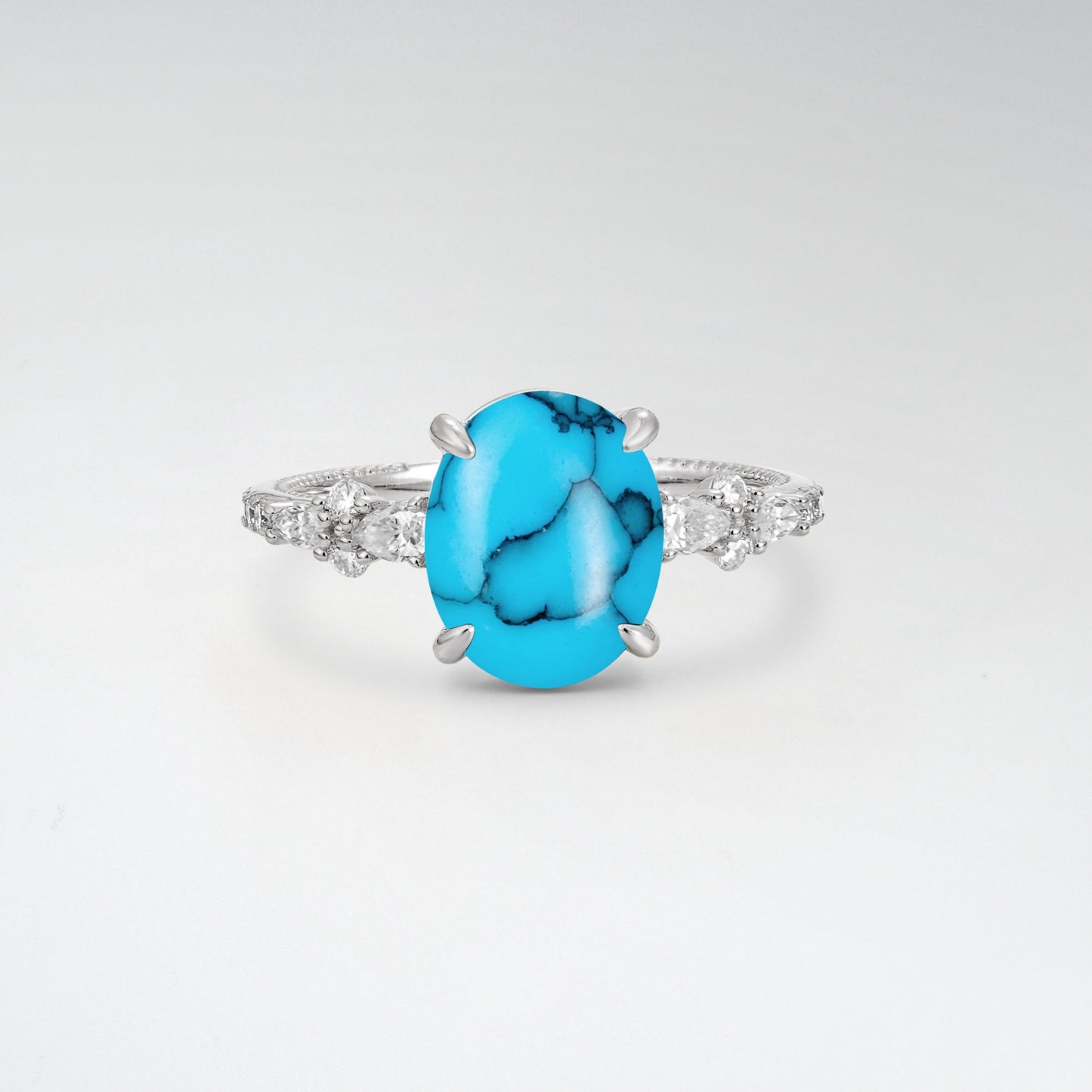 Elegant Oval Cut Turquoise 3CT Floral Cluster Milgrain Engagement Ring - Additional view