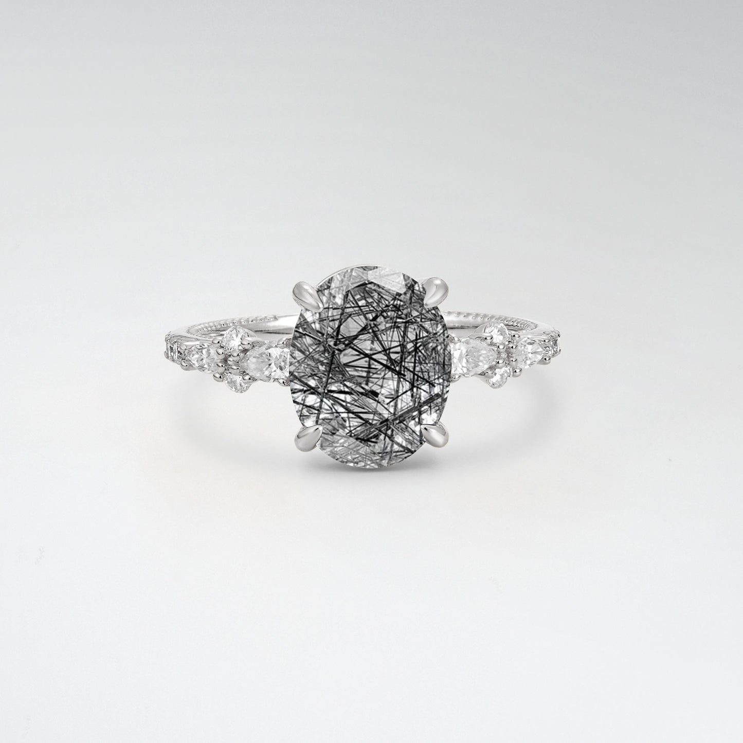 Elegant Oval Cut Black Rutilated Quartz 3CT Floral Cluster Milgrain Engagement Ring - Additional view
