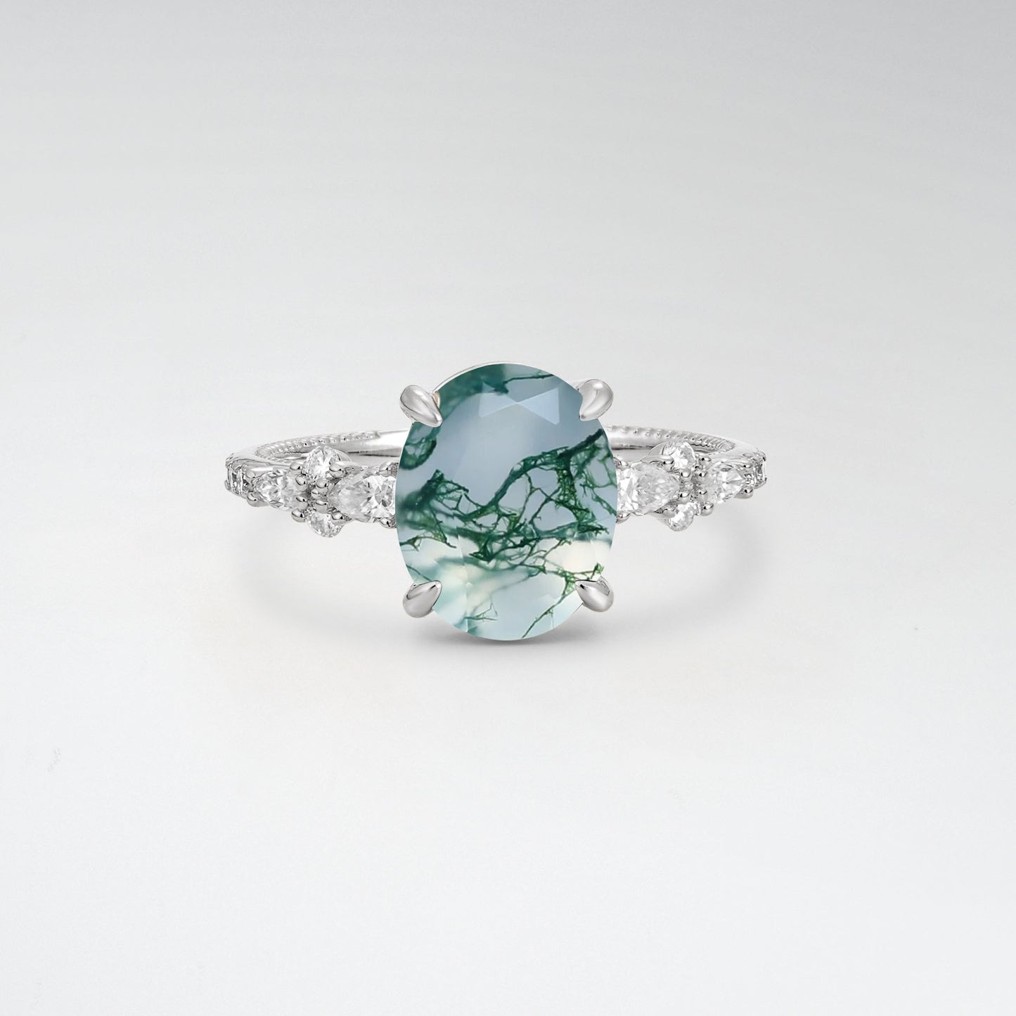 Elegant Oval Cut Moss Agate 3CT Floral Cluster Milgrain Engagement Ring - Additional view