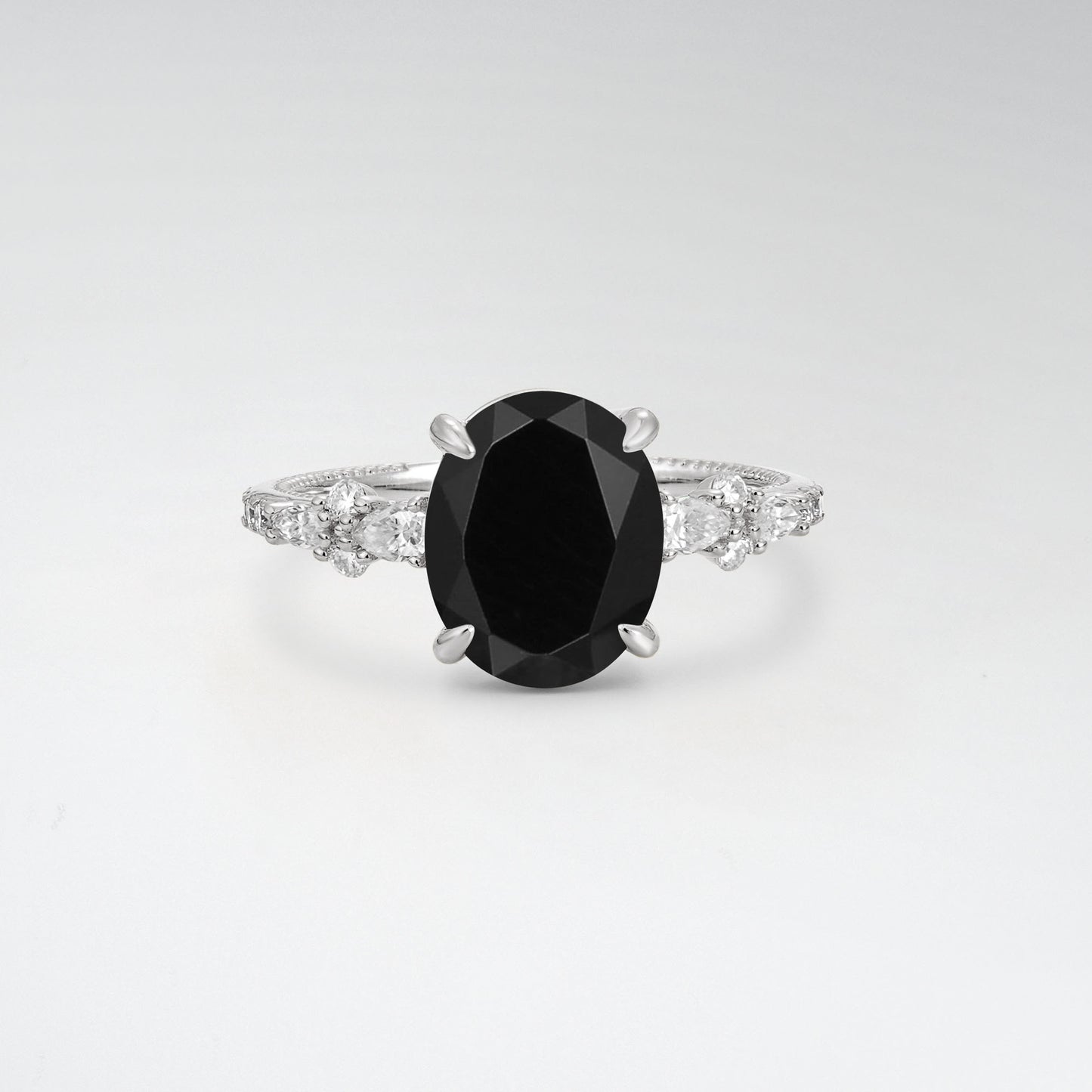 Elegant Oval Cut Black Onyx 3CT Floral Cluster Milgrain Engagement Ring - Additional view