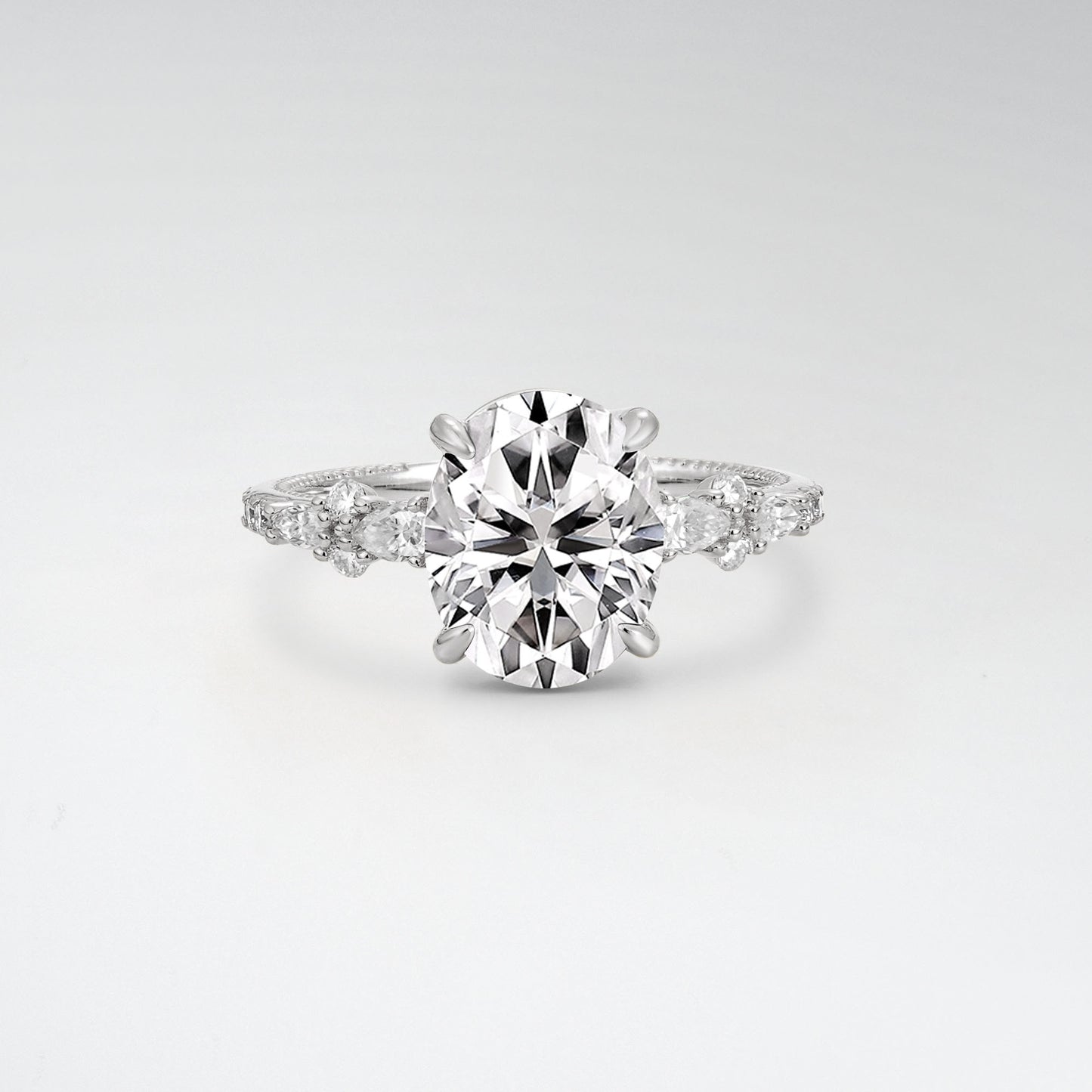 Elegant Oval Cut Lab Diamond 3CT Floral Cluster Milgrain Engagement Ring - Additional view