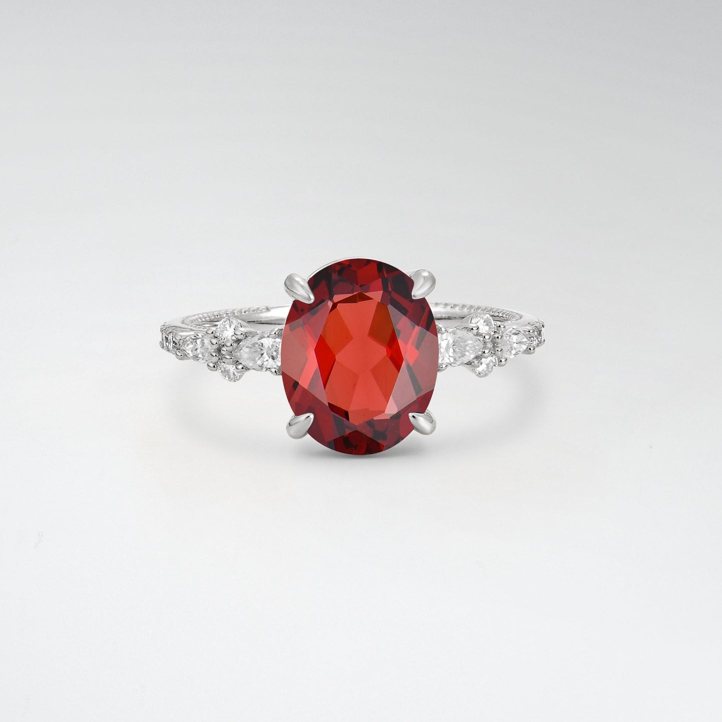 Elegant Oval Cut Garnet 3CT Floral Cluster Milgrain Engagement Ring - Additional view