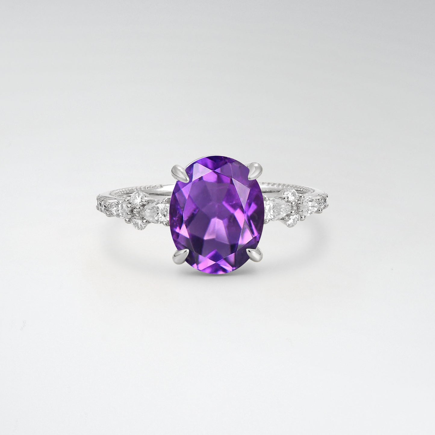 Elegant Oval Cut Amethyst 3CT Floral Cluster Milgrain Engagement Ring - Additional view