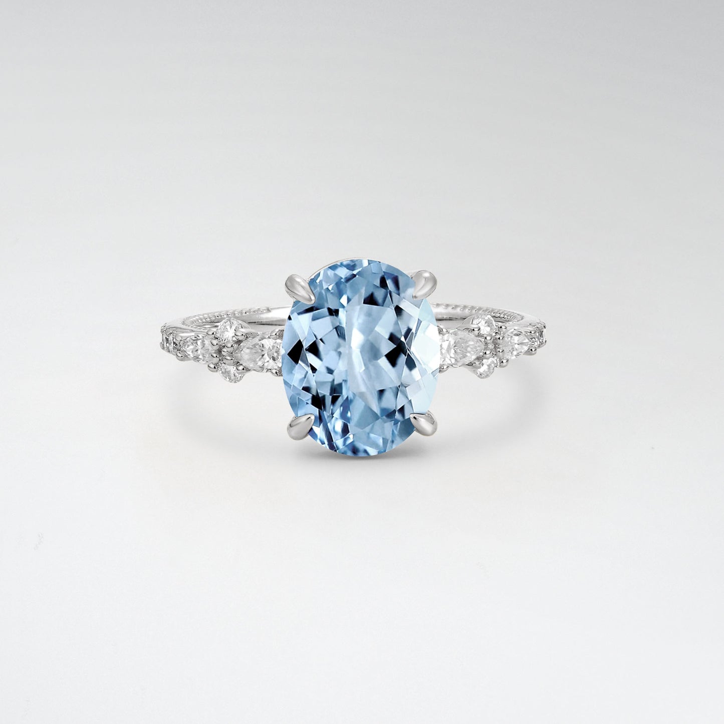 Elegant Oval Cut Aquamarine 3CT Floral Cluster Milgrain Engagement Ring - Additional view