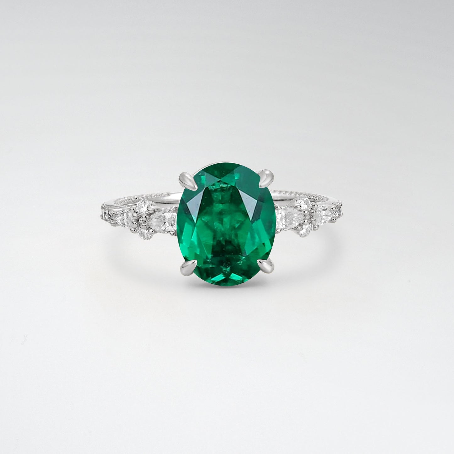 Elegant Oval Cut Emerald 3CT Floral Cluster Milgrain Engagement Ring - Additional view