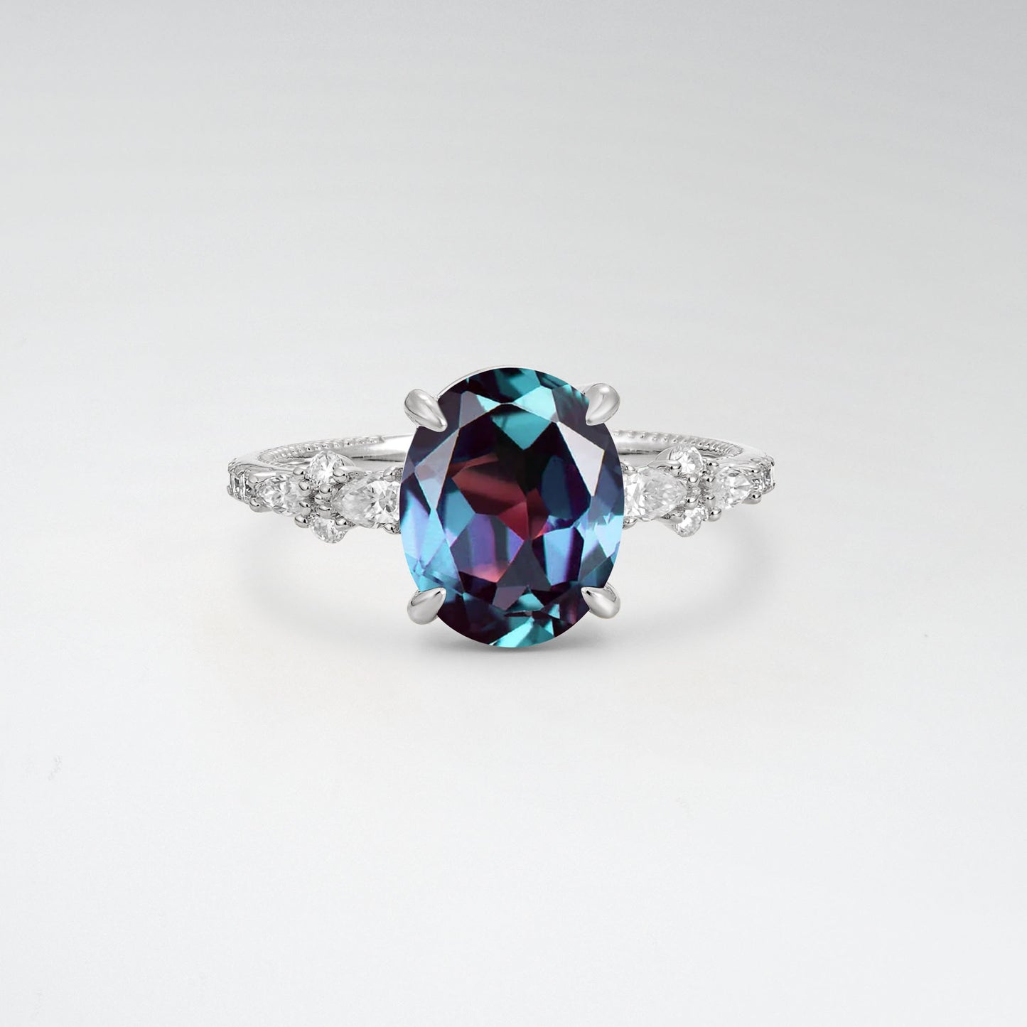 Elegant Oval Cut Alexandrite 3CT Floral Cluster Milgrain Engagement Ring - Additional view