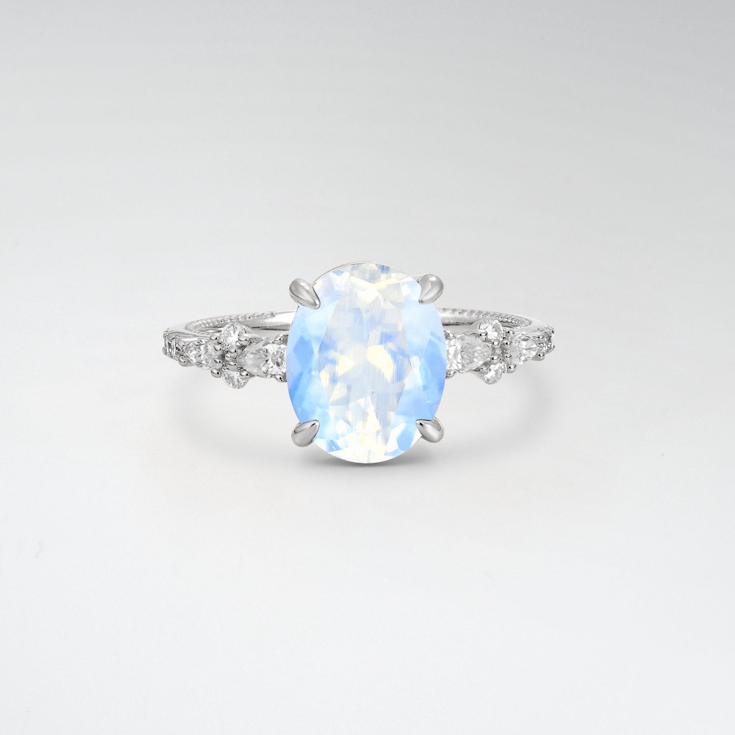 Elegant Oval Cut Moonstone 3CT Floral Cluster Milgrain Engagement Ring - Additional view