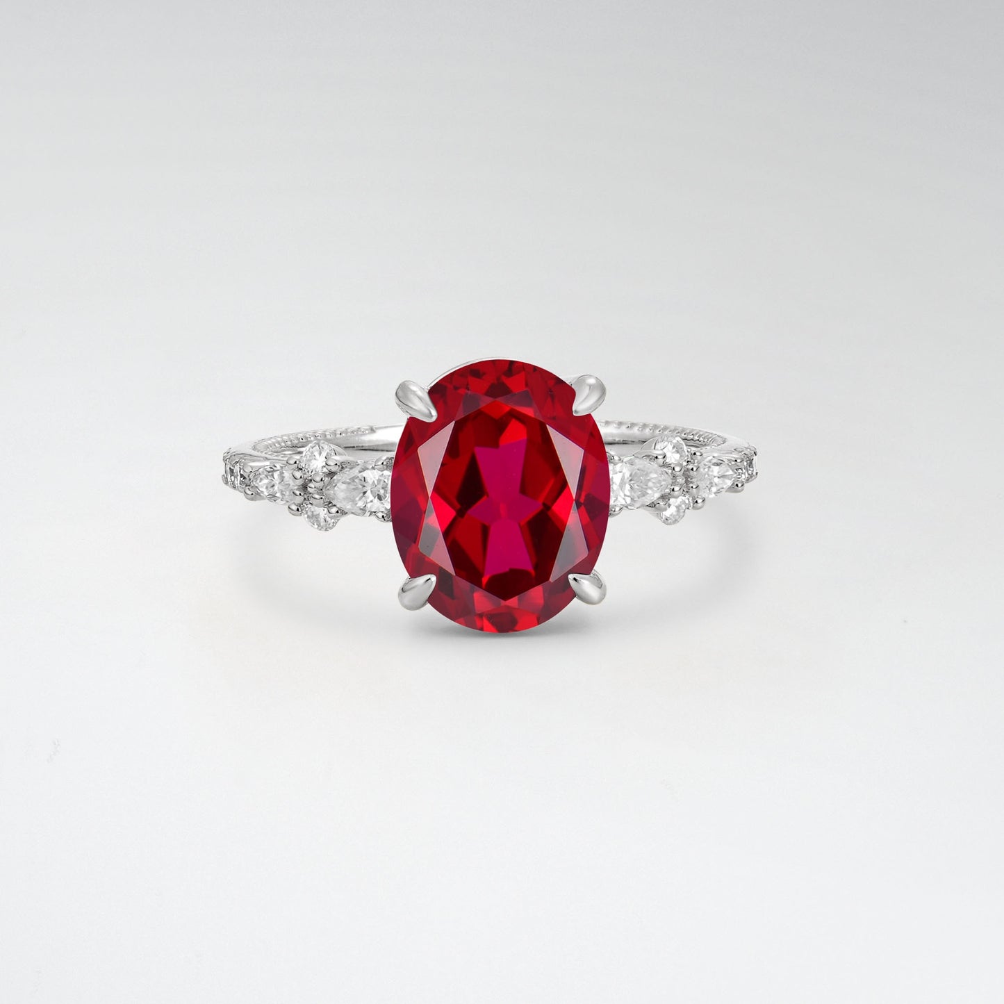 Elegant Oval Cut Ruby 3CT Floral Cluster Milgrain Engagement Ring - Additional view