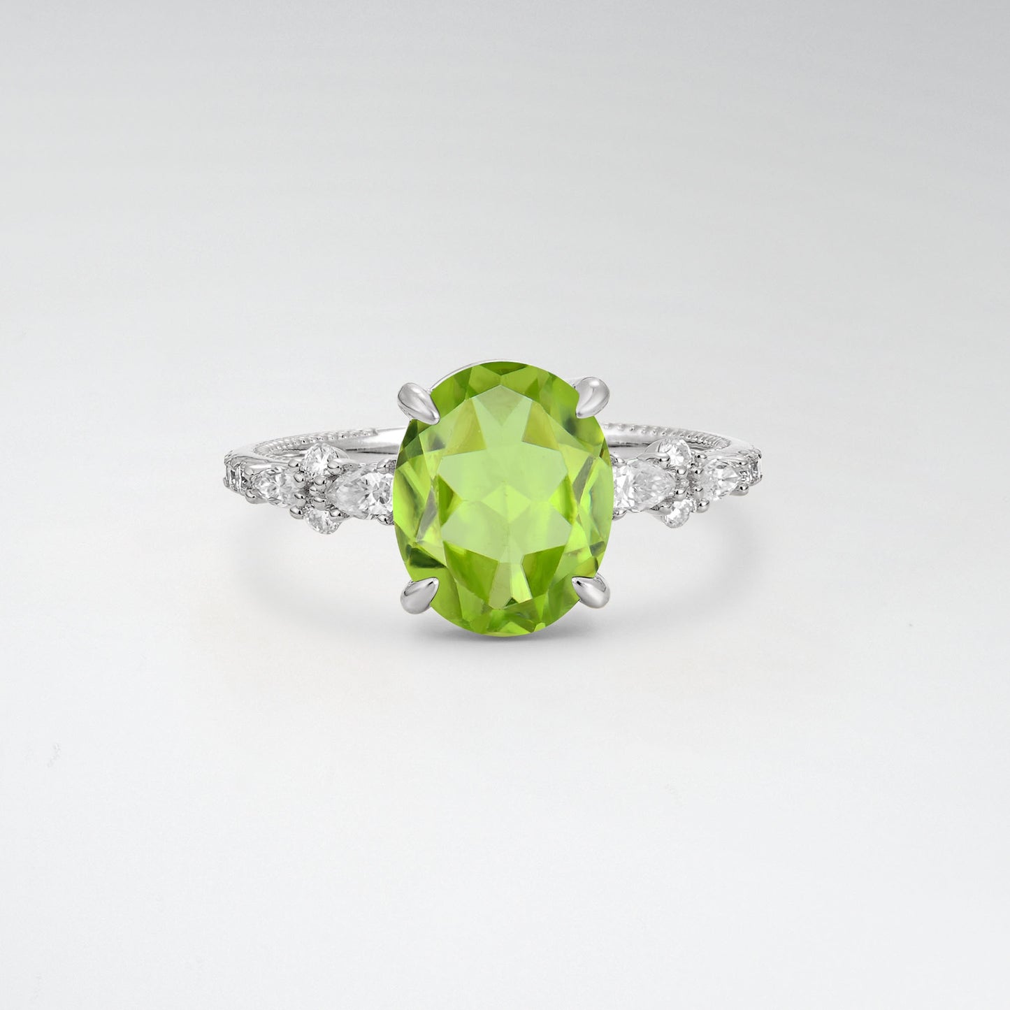 Elegant Oval Cut Peridot 3CT Floral Cluster Milgrain Engagement Ring - Additional view