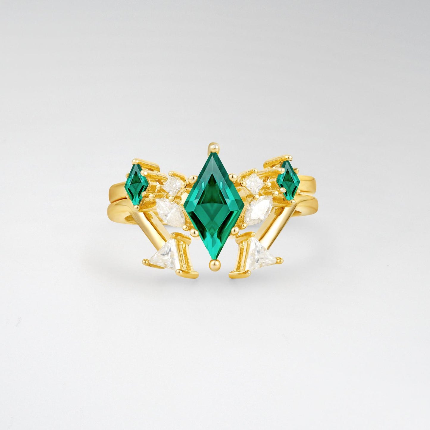 Art Deco Kite Cut Emerald Geometric Bridal Ring Set - Yellow-Gold
