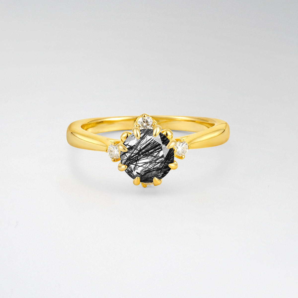 Classic Three Stone Black Rutilated Quartz Engagement Ring - Additional view