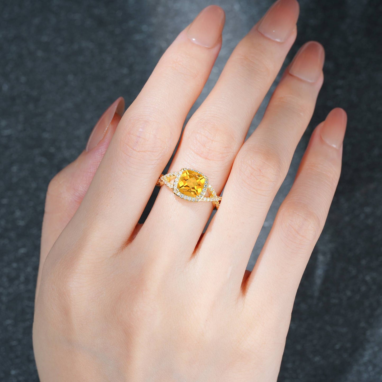Cushion Cut Citrine Halo Split Shank Engagement Ring - Additional view