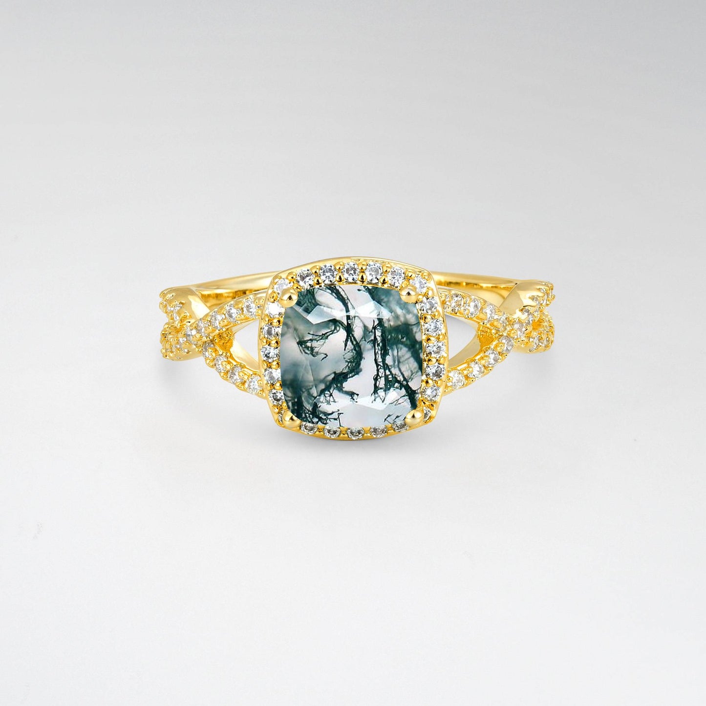 Cushion Cut Moss Agate Halo Split Shank Engagement Ring - Additional view